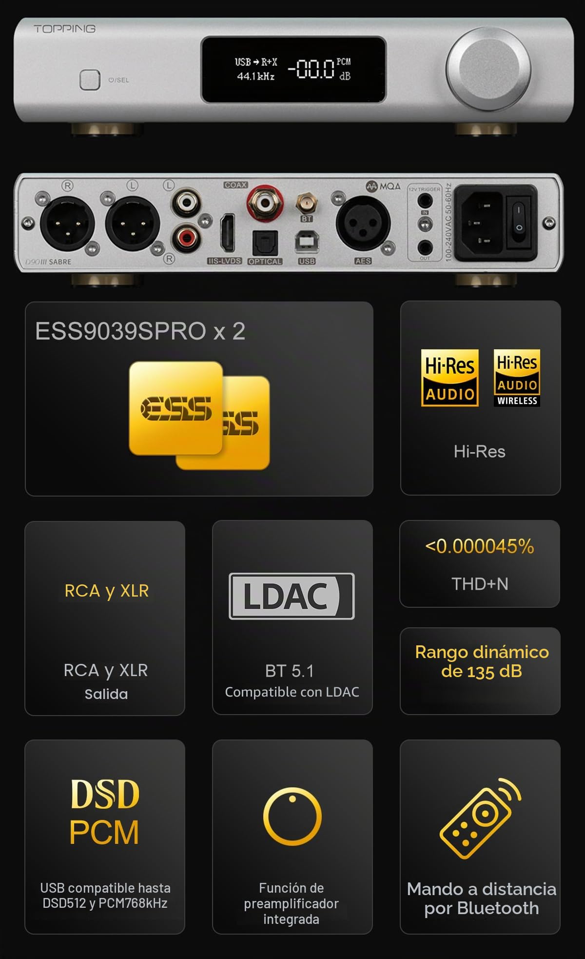 Topping D90 III SABRE MQA Full Balance HiFi DAC Bluetooth 5.1 ES9039SPRO x 2 DSD512 PCM32bit/768kHz USB/Koax/Opt/AES/IIS Decodificador de preamplificador de audio para escritorio