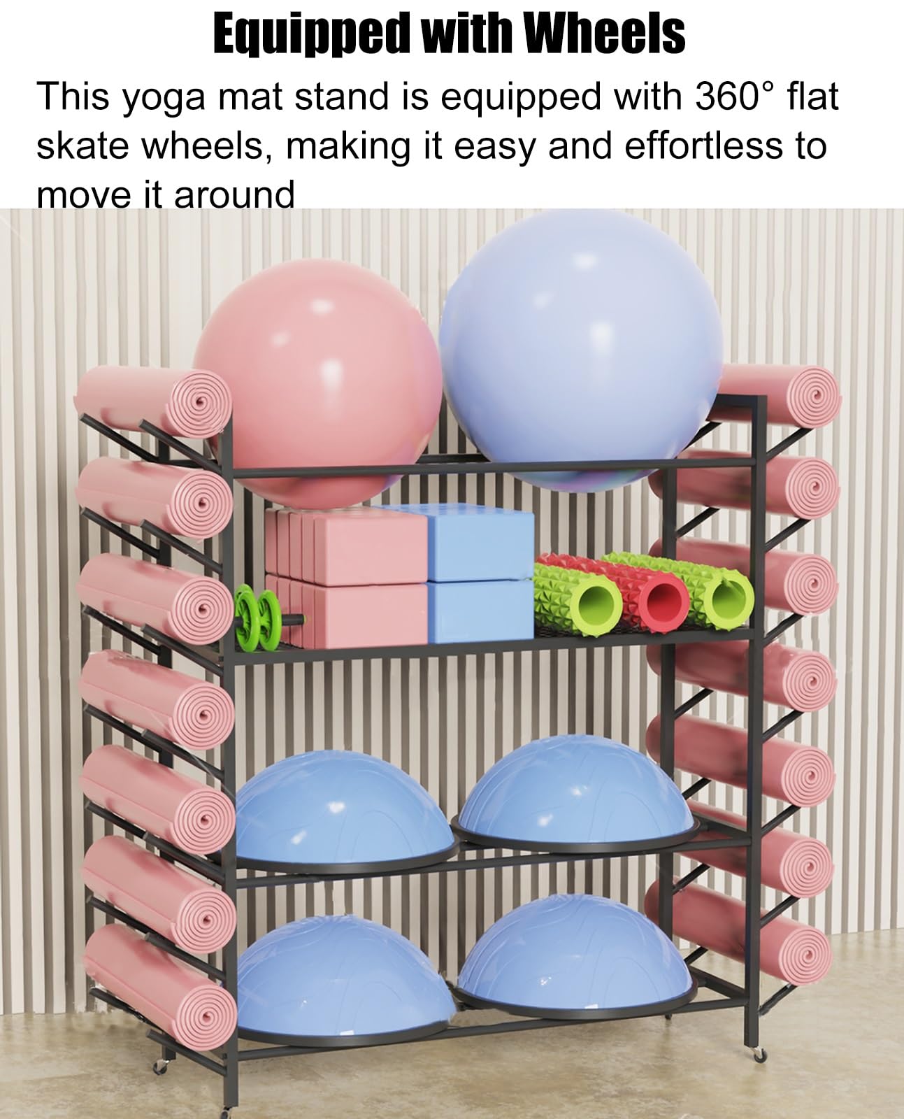 Esterilla de yoga y gimnasio Equint Sto Stand con ruedas para pelotas de ejercicio y rodillos de espuma, perfecto para gimnasio en casa y Ga