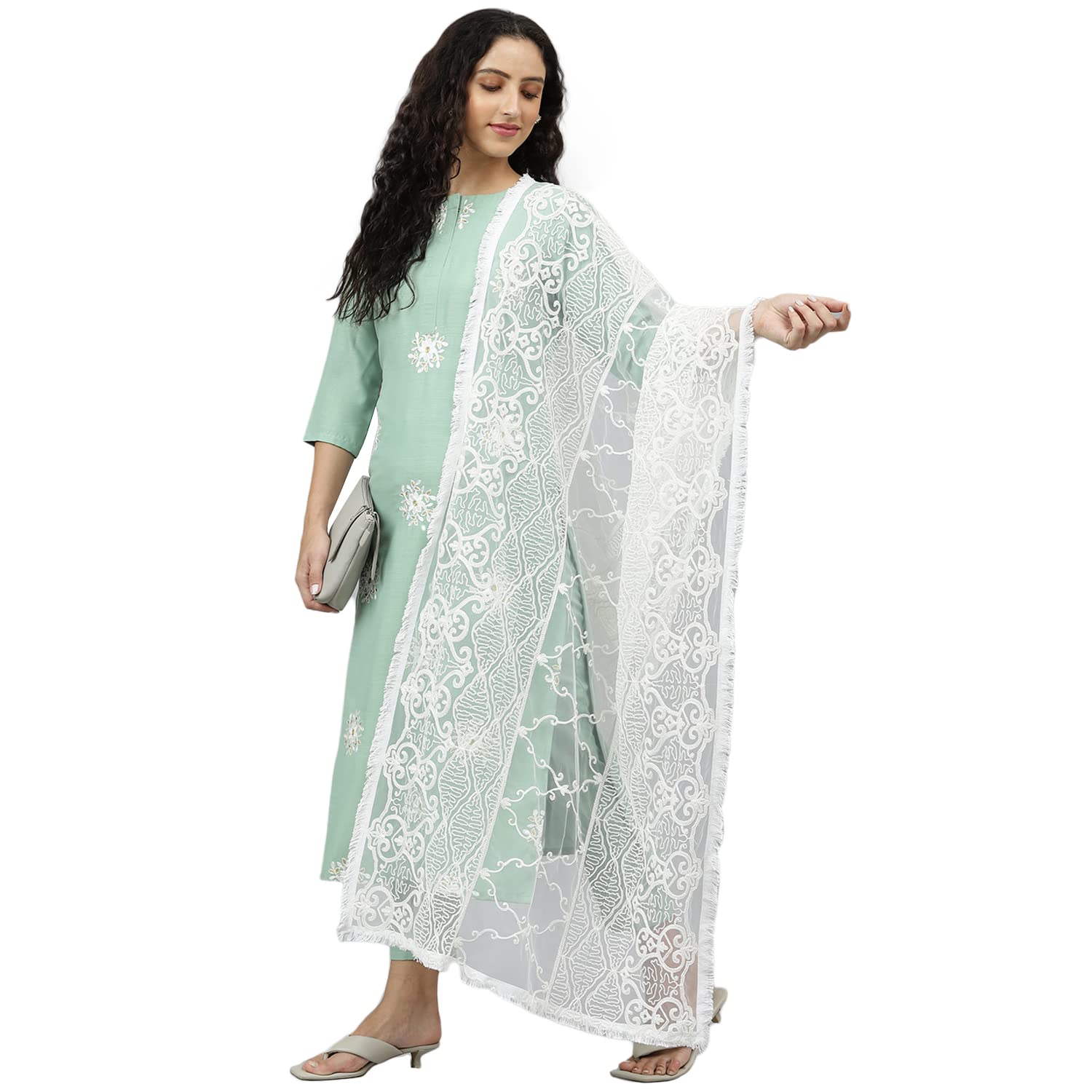 GoSriKi Women's Cotton Blend Embroidered Straight Kurta, Pant & Dupatta (Cntl-GO)