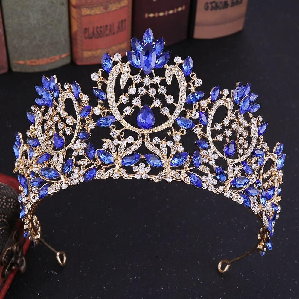 Biżuteria do włosów Tiary dla kobiet Vintage Gold Blue Crystal Wedding Hair Akcesoria Perły Pearne Perły Bridal i korony Kobiety Księżniczka Głowa Jewelry (1217)