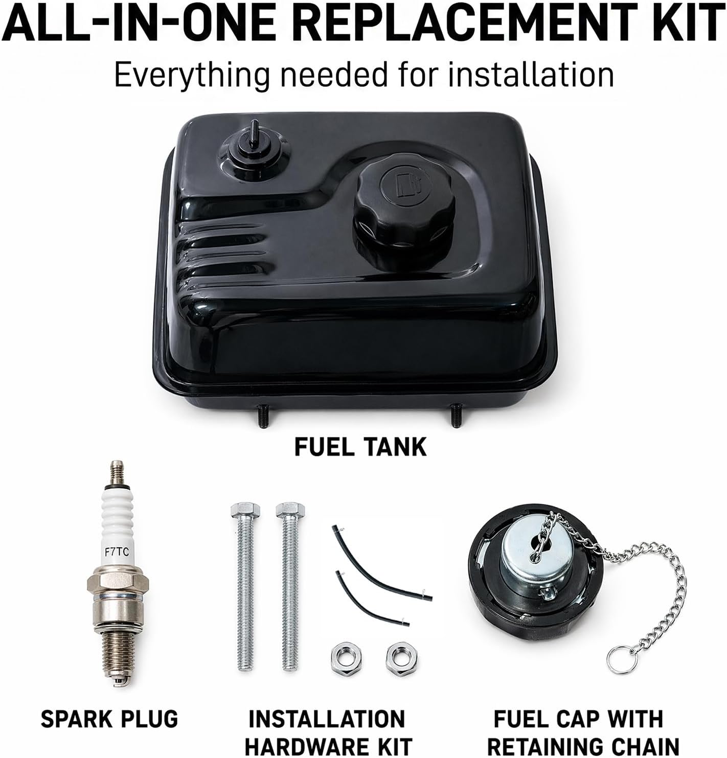 1.7 Gallon Gas Fuel Tank Replacement for Predator 420cc HEMI Engine 60349 59373, Gloss Black Steel Tank with Roll Over Valve, Fuel Cap with Chain, Mounting Hardware Kit