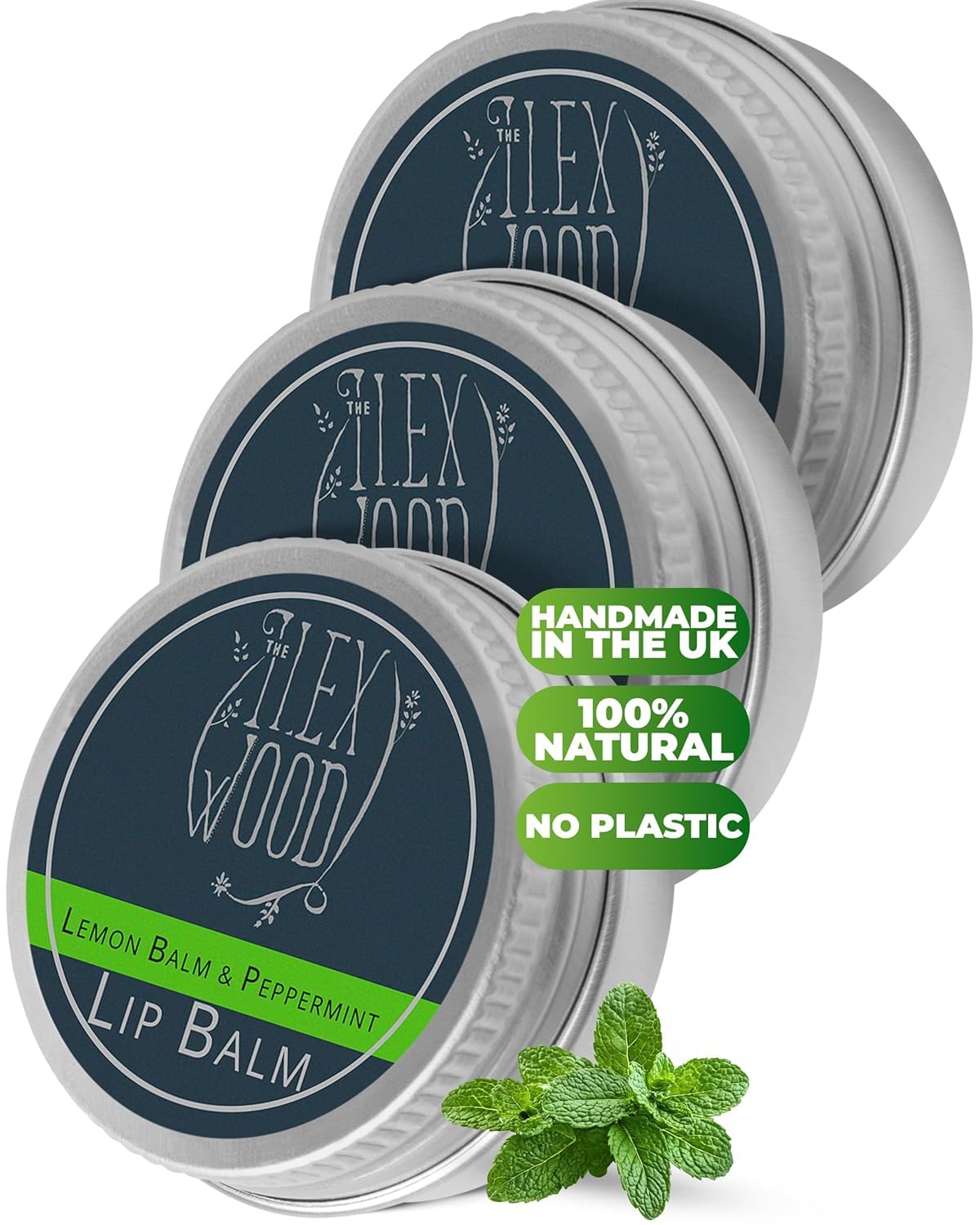 The Ilex Wood - Vegan Lemon Balm and Peppermint Lip Balm Pack of 3 - All natural, coldsore prevention, palm oil free, cruelty free, plastic free, moisturising, handcrafted in the UK - 3 x 10ml