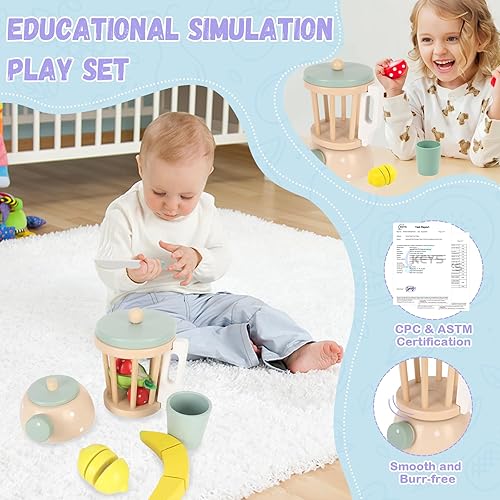 Miniatura 6 de Juego de licuadora de madera, juego de cocina para niños, exprimidor de frutas, juguetes de corte de frutas, mezclador de alimentos, accesorios de