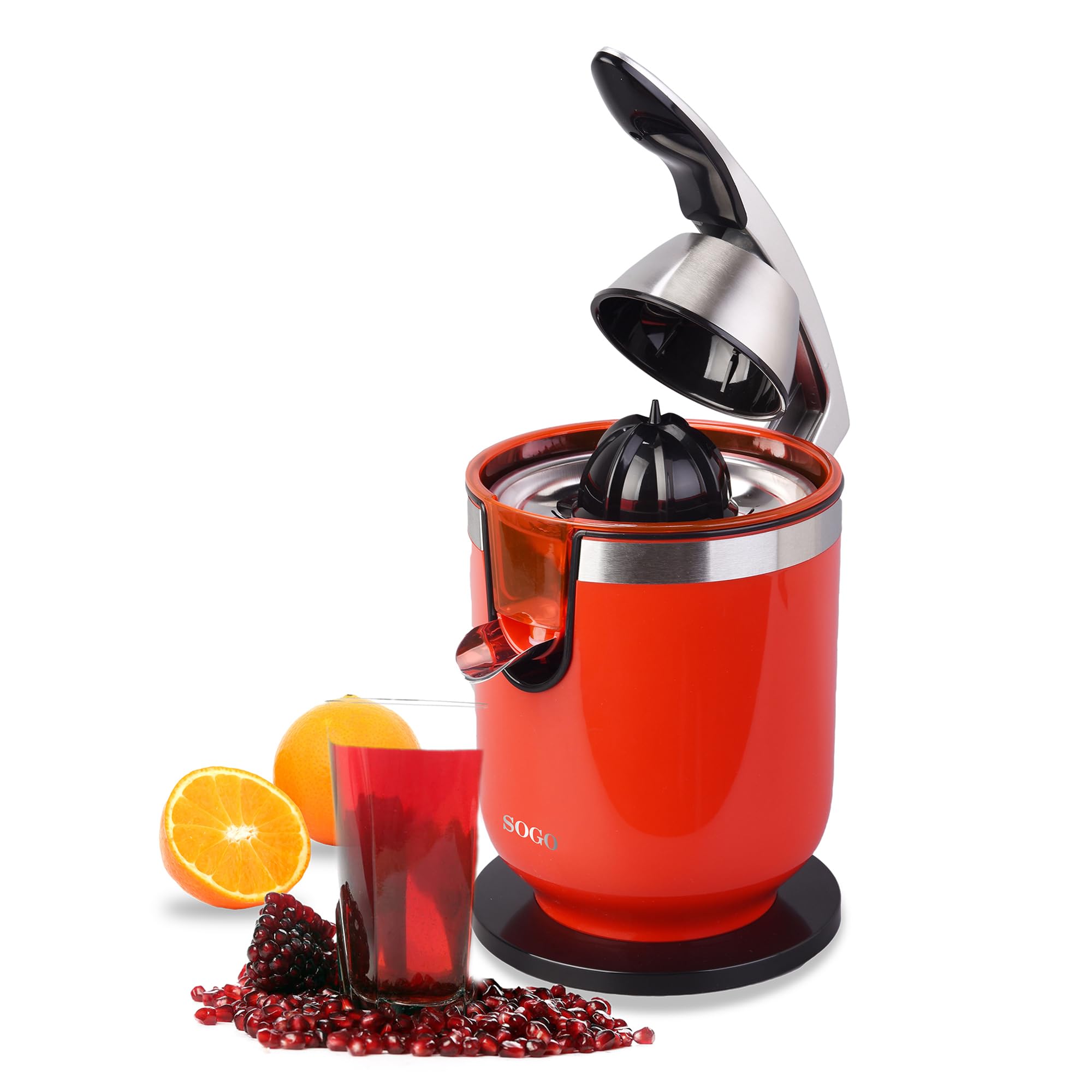 SOGO Exprimidor Eléctrico de Zumo con Palanca para Granada y Cítricos con 2 Conos y Motor Silencioso de 300W - Exprimidor Automático Potente de 0,6L para Uso Diario en Casa o Cocina Moderna