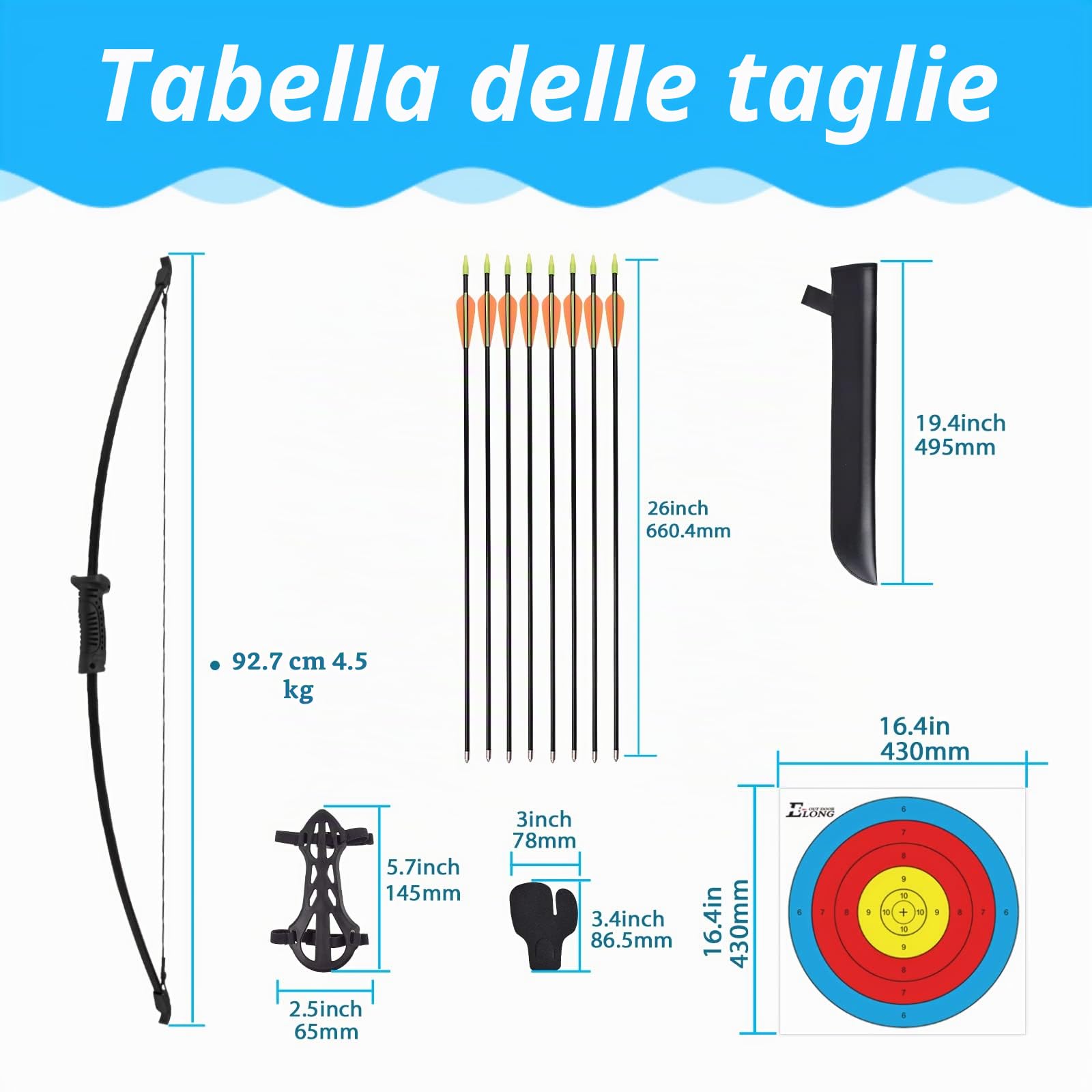 Elong - Set di arco e freccia ricurvi, per attività all'aria aperta, ragazzi e tiro con l'arco per principianti, include 8 frecce, protezione braccio, fareta, superficie bersaglio, linguetta per le