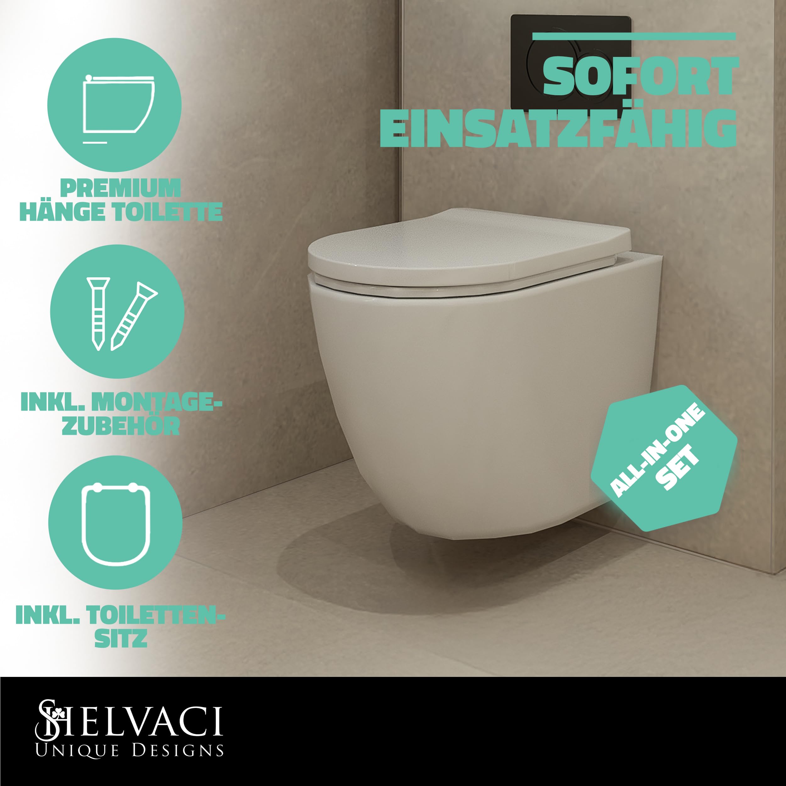 Premium Hänge-WC Toilette Keramik inkl. Toilettendeckel Weiß glänzend (Komplett-Set) - Spülrandloses Wand WC hängend, rund Gr. 490x360x360 - Wand-Toilette Absenkautomatik