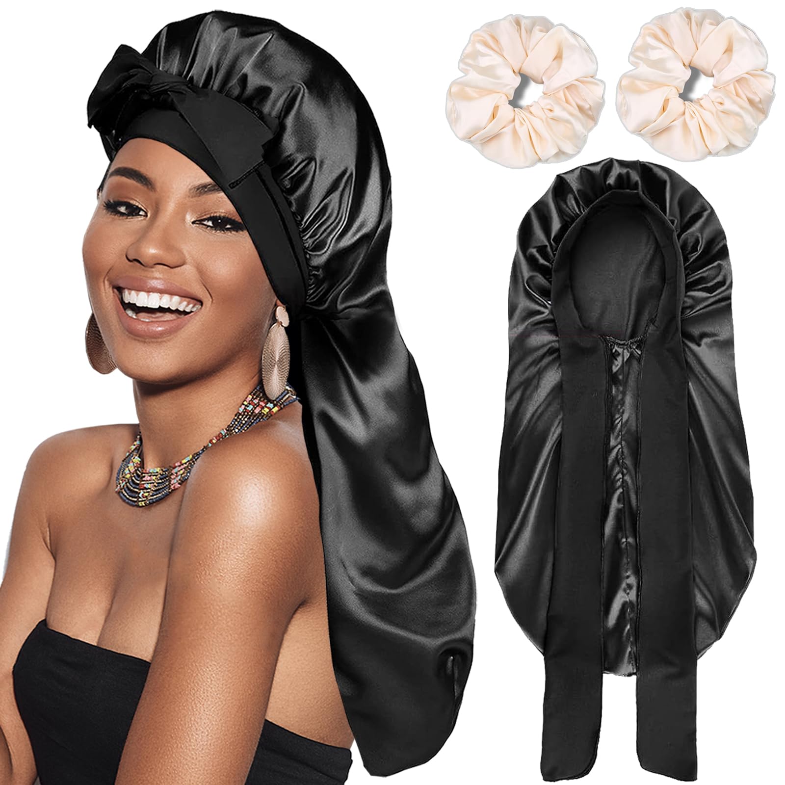 Silk Satin Hair Bonnet for Sleeping - Bonnets for Braids Black Women Curly Hair,Silk Hair Wrap Tie Band Long Big Silky Sleeping Cap with 2 Pcs Satin Scrunchies