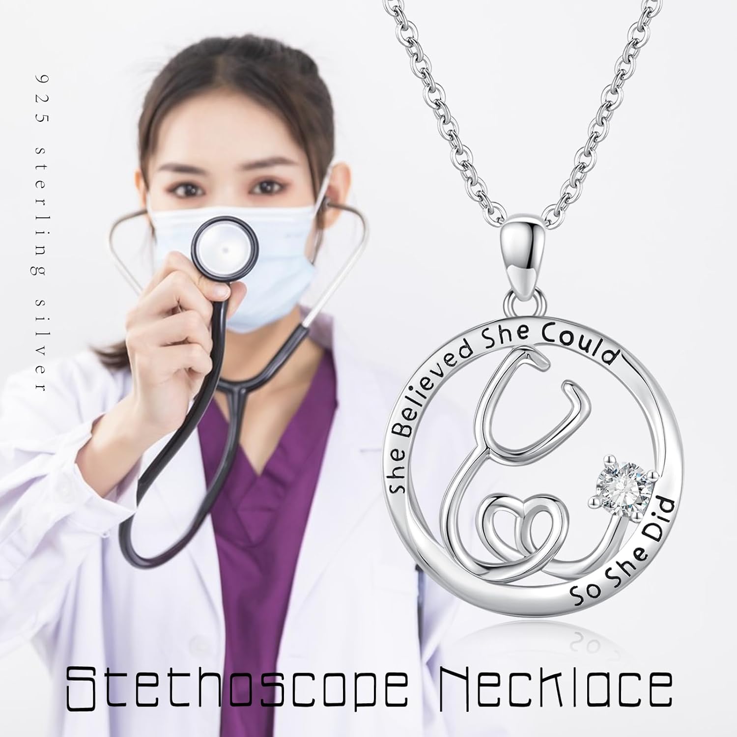 Stethoscope Necklace for Women S925 Sterling Sliver Medical Stethoscope April/March/July/October Birthstone Pendant Necklace Doctor Nurse Medical Student Jewelry Gifts for Graduation - Image 6