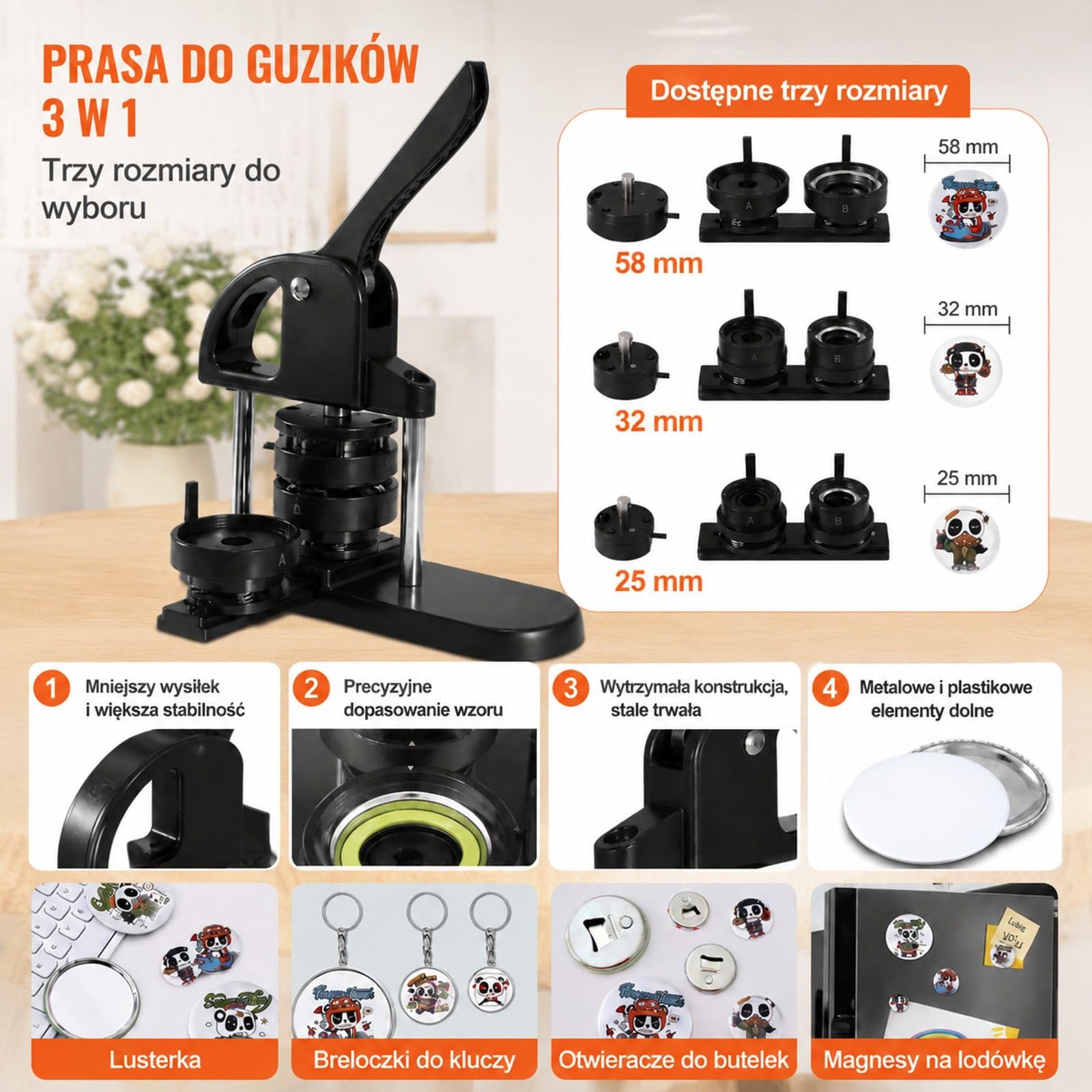 Prasa do przypinek 3 w 1 z plastikową obudową, czarno-pomarańczowa, matryce i akcesoria DIY