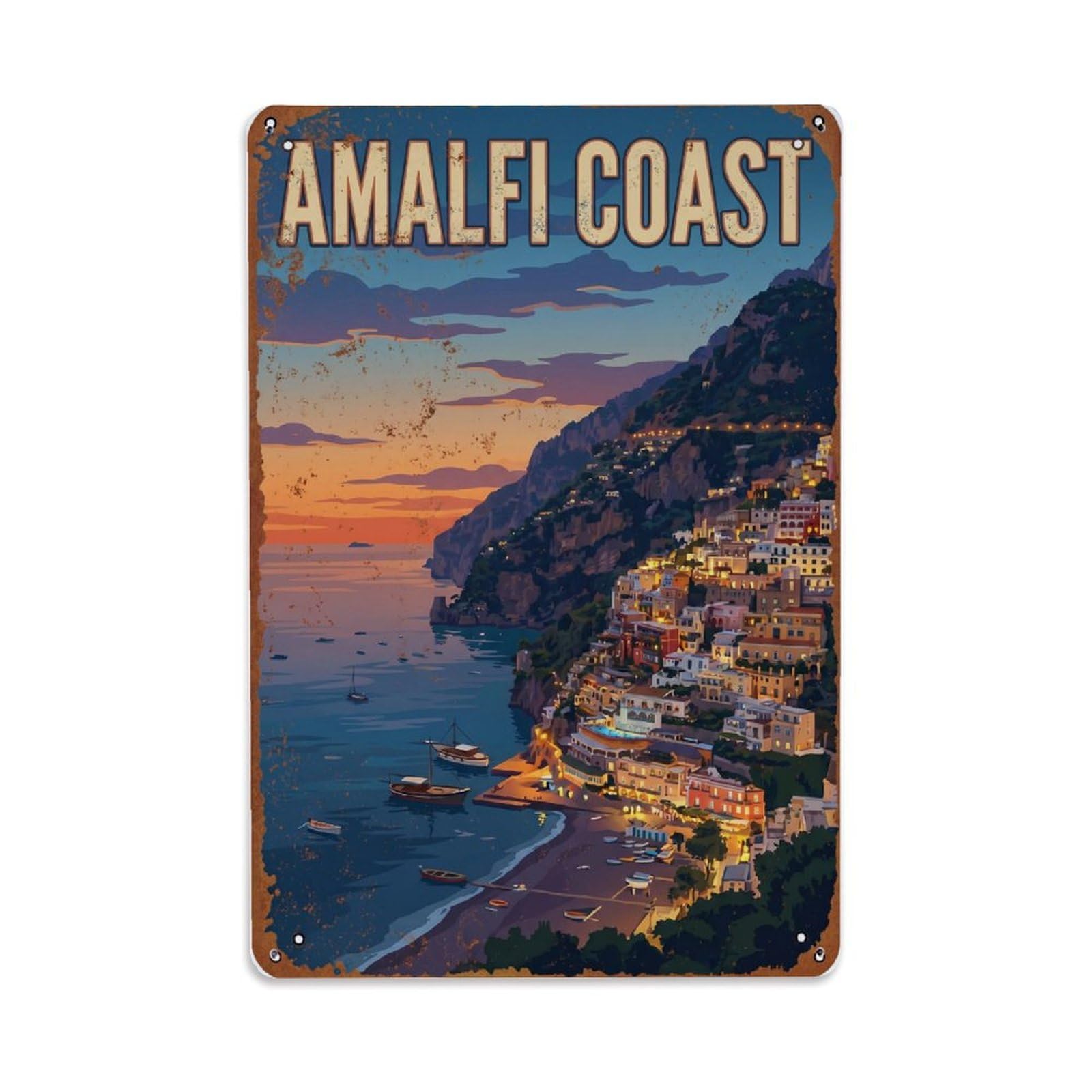 Fqnyr Style Vintage Travel Dusk Italy Coastal Metal Tin Sign Plaque Wall Decor For Cafe, Club Bar, Office, Home Garden Metal Poster 8X12inch