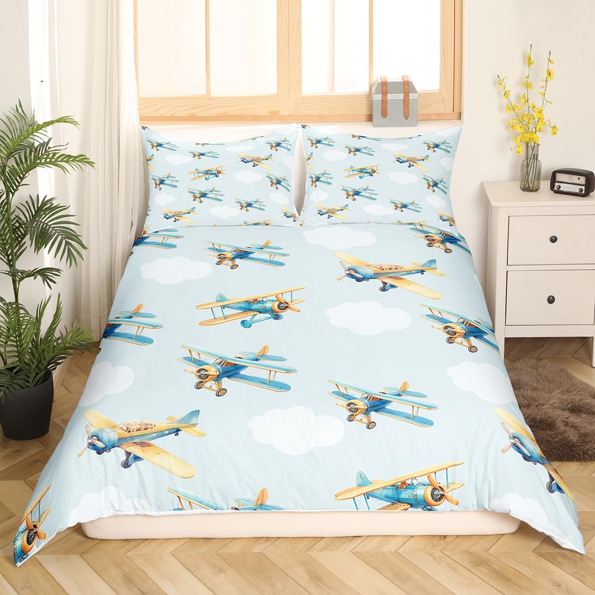 Manfei Airplane Duvet Cover,Sky Clouds Stars Aircraft Graffiti Duvet Cover for Kids Boys Girls Teens,Kids Boys Aviation Plane Cartoon Bedroom Decor Comforter Cover(No Filler) Full