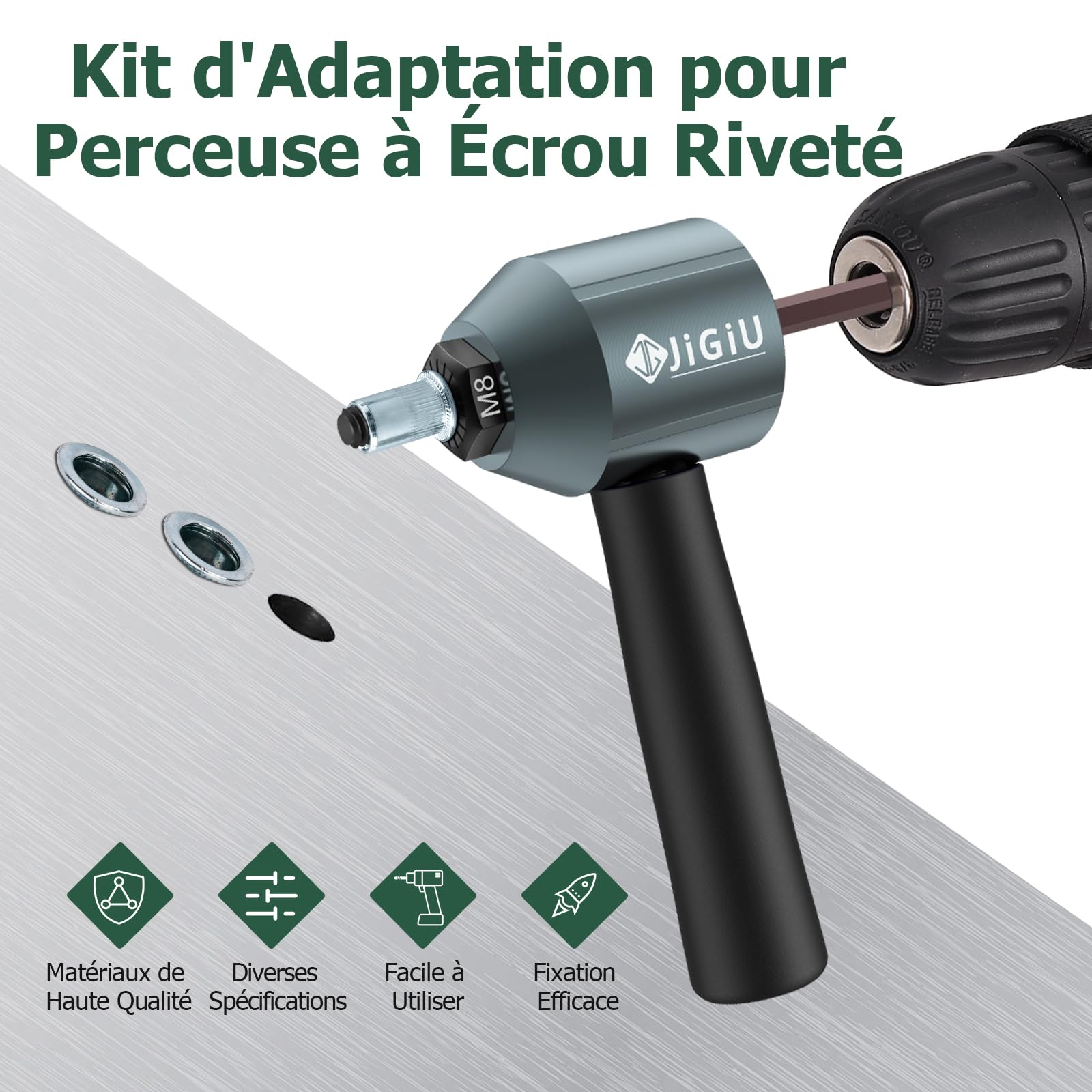 JiGiU Adaptateur de Perceuse à Écrou à Rivet avec Accessoires pour 40PCS Écrous Perceuse à Écrou Électrique Pistolet à Écrou pour Réparation de Meubles, Mécanique, Automobile