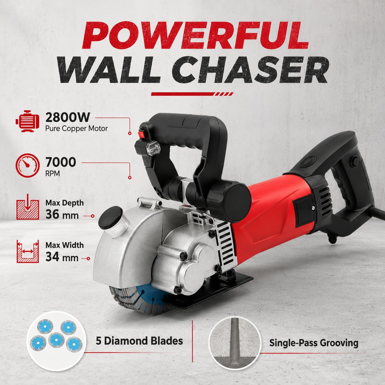 Ranuradora de pared de hormigón, 2800 W, láser, bomba de agua, 5 cuchillas diamantadas, 125 mm