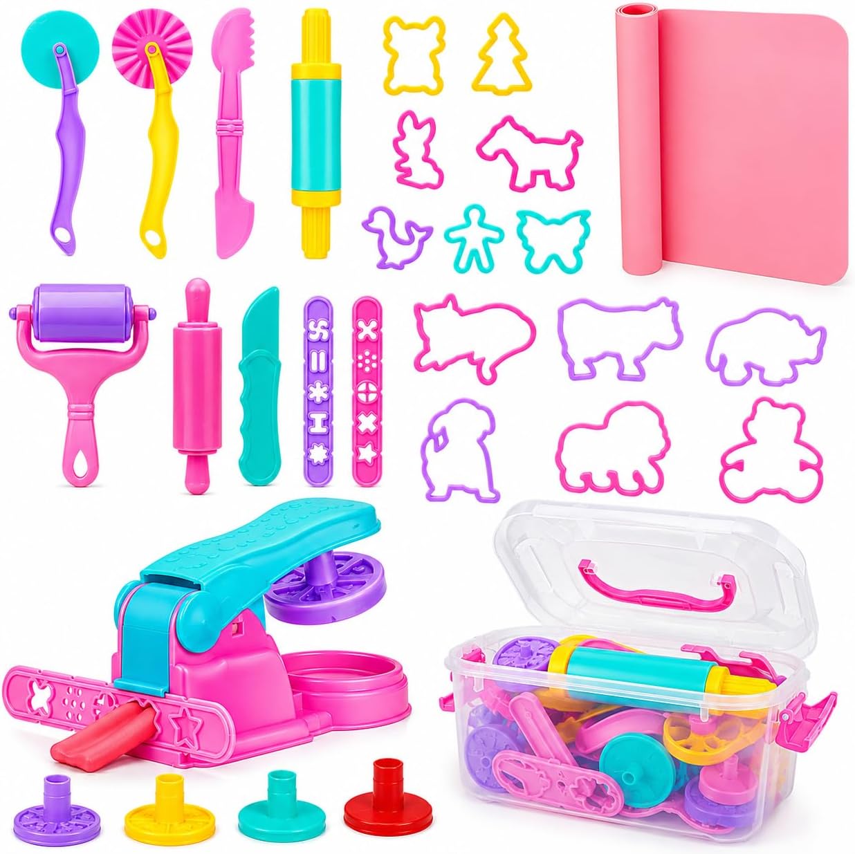 Dough Tool Sets for Kids Toddlers,Cute Playdough Accessories with Rolling Pin Dough Mat Storage Box,Party Pack Toys for Kids Age 3-5 4-8,Educational Toys Gift for Birthday Christmas Boys Girls