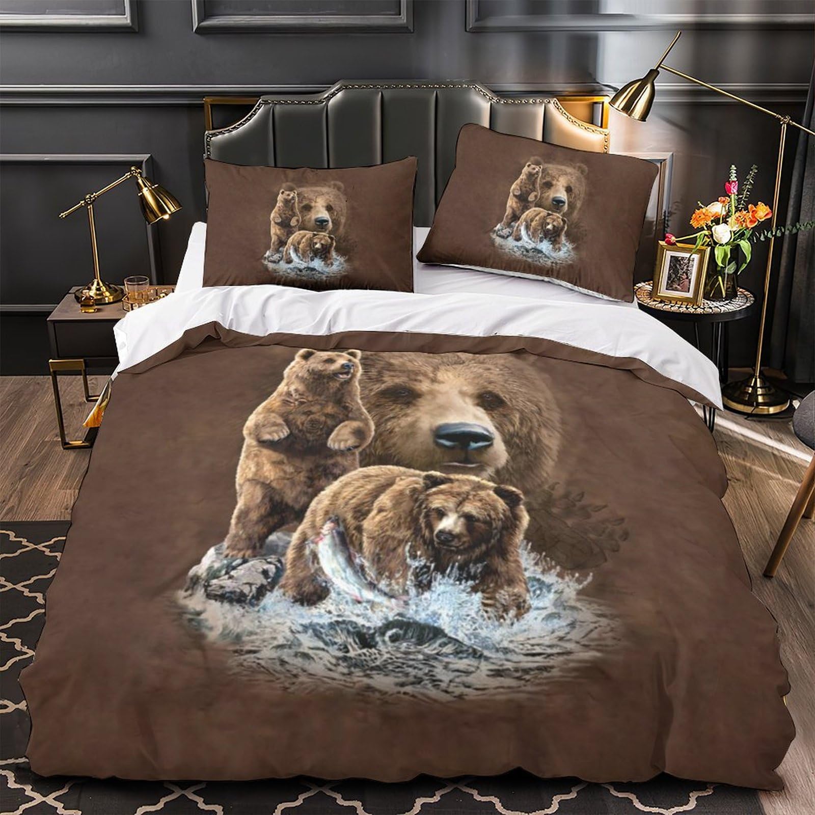 Parure de lit ours brun 3D housse de couette 200x200 microfibre avec taies d'oreiller zippées