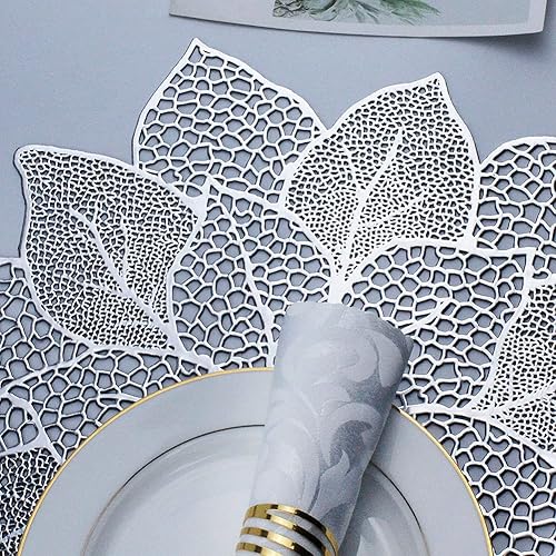 Miniatura 4 de AdasBridal Manteles individuales redondos plateados para mesa de comedor, juego de 6 manteles metálicos de vinilo prensado huecos de flores de