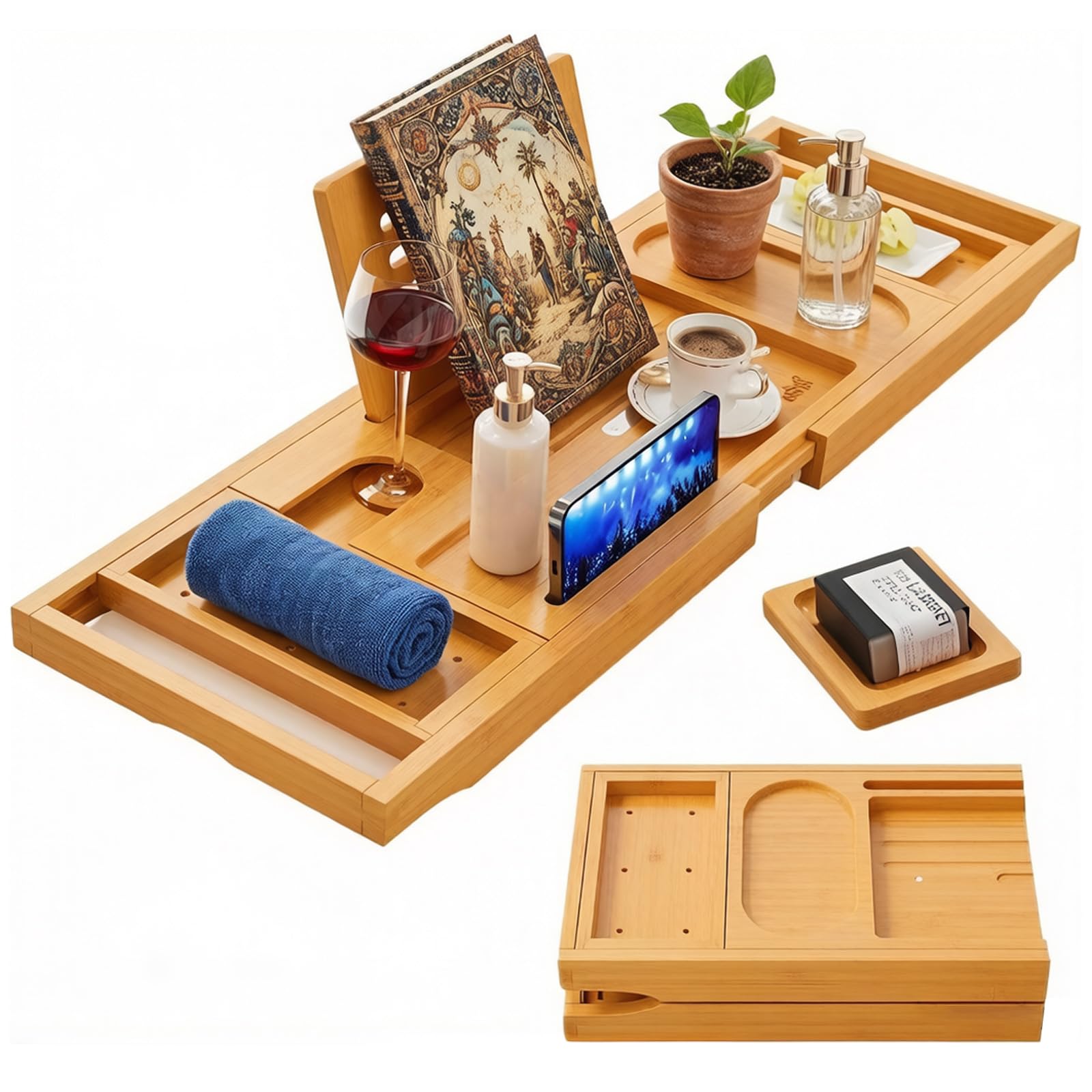 Vurlexat Foldable Bath Tray, Natural Bamboo Wooden Bathtub Caddy with Integrated Holder, Expandable Over Tub Rack Bridge with Adjustable Draining Tray Fits Most Bath Sizes(104 * 23 * 3cm)