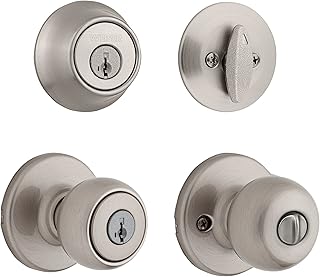 Weiser Fairfax Satin Nickel Front Door Knob with Deadbolt, Reversible Exterior/Interior Entry Door Knob with Key and Deadbolt Lock, Front Door Knobs with Lock/Front Door Lock, Traditional Home Décor