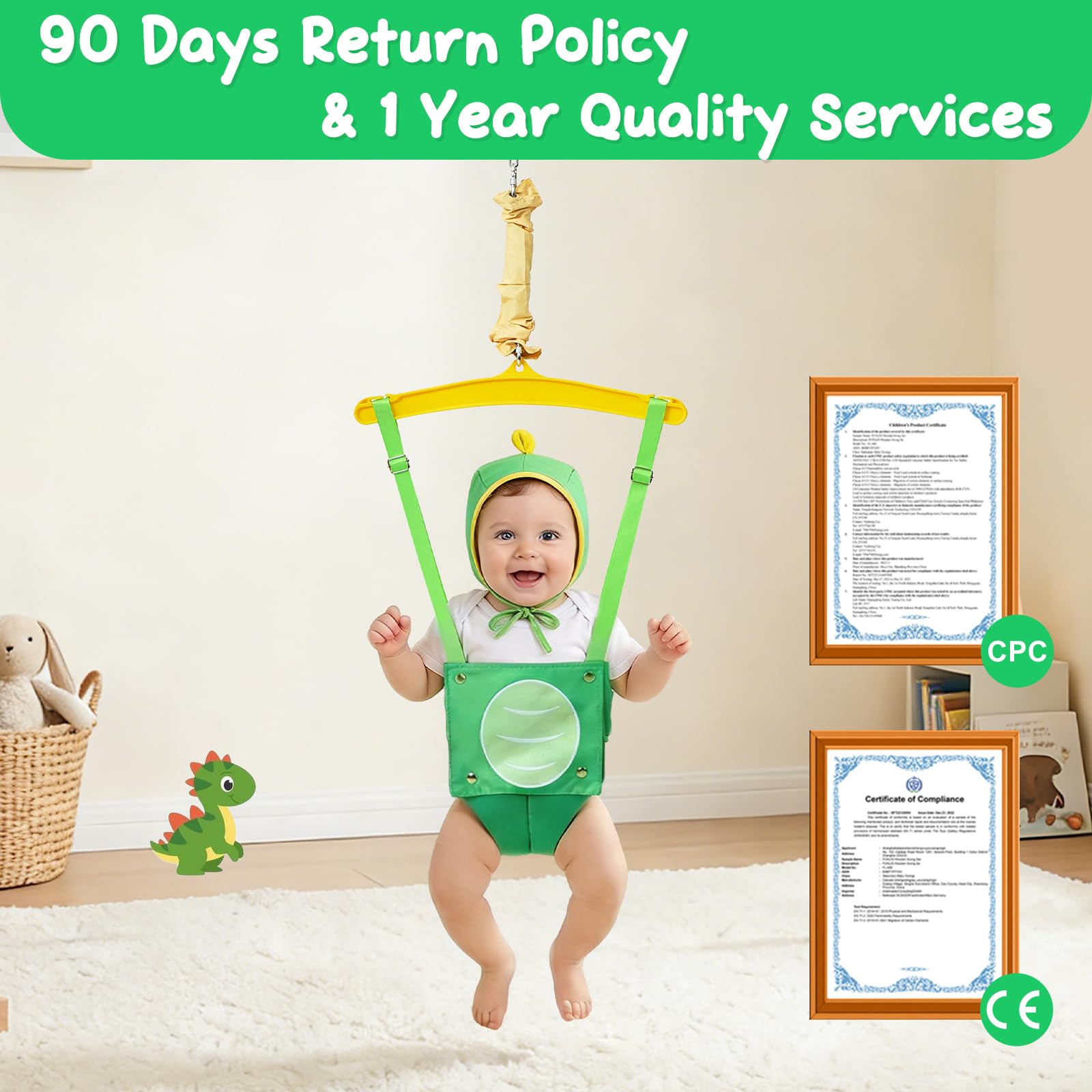 FUNLIO Baby Jumper avec crochet de plafond pour 6–24 mois, sauteur de porte pour intérieur/extérieur, chaîne réglable, facile à installer et à ranger (avec crochet de plafond) – Dinosaure Vert