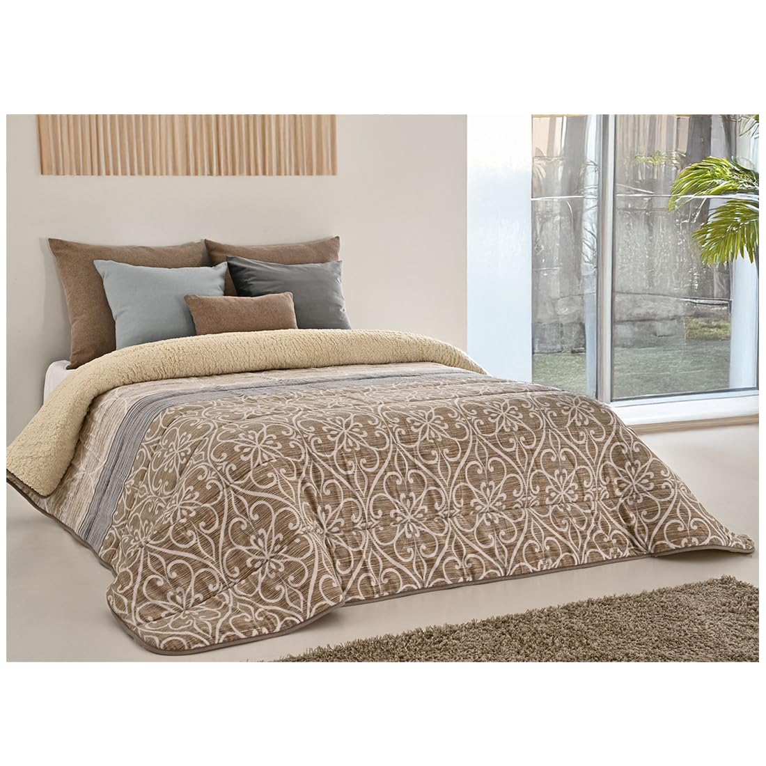 Acomoda Textil – Edredón Nórdico de Sedalina con Borreguito. Edredón Sherpa Estampado para Cama de 135 y 150, Manta Cama Matrimonio y Sofá de Invierno, Cálida y Suave. (Corona, 240x250 cm)