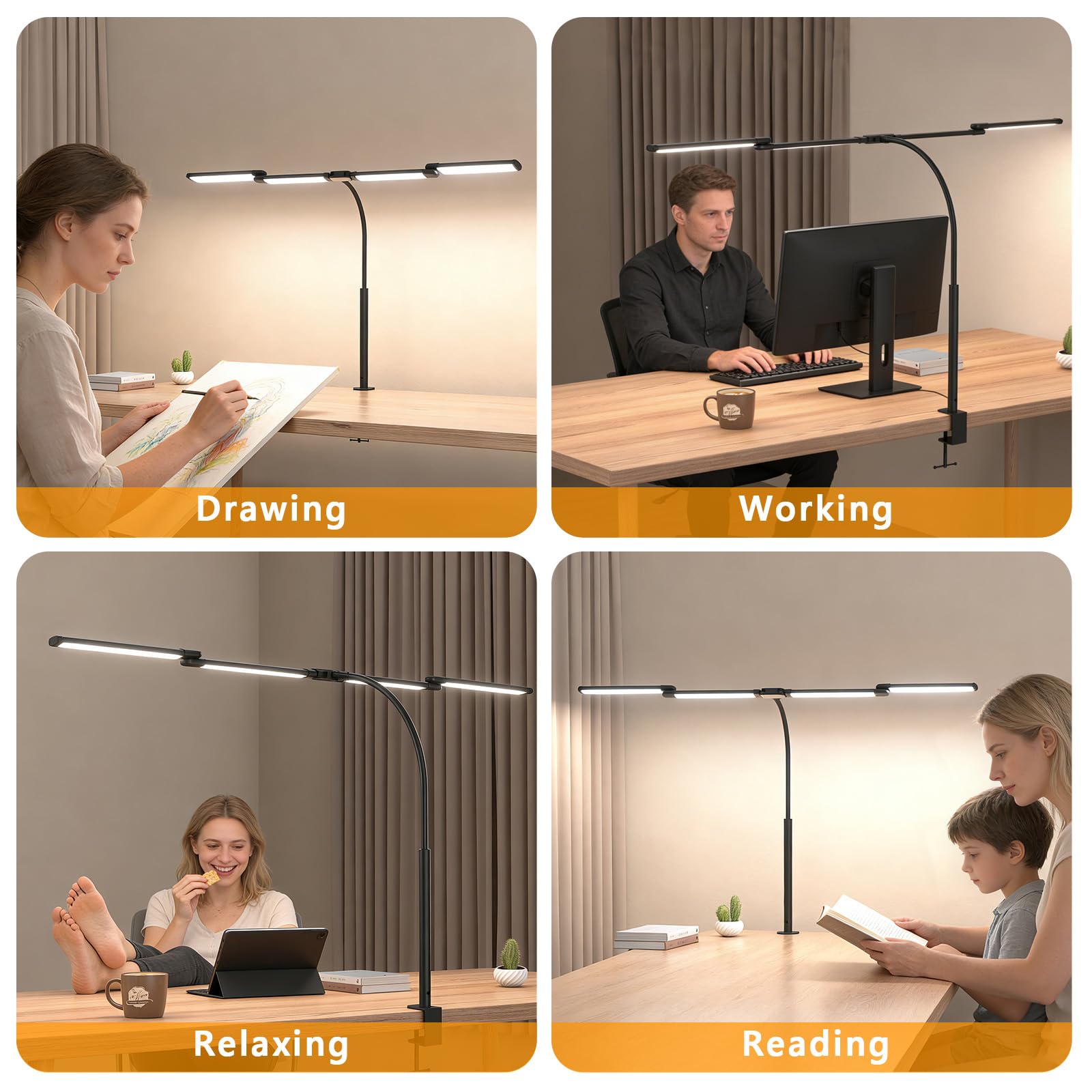 Comely Schreibtischlampe LED Dimmbar 24W, 120cm 2750LM Schreibtischlampen, 4-Led Schreibtischlampe Klemmbar mit 5 Farbtemperatur, Arbeitsplatzleuchte mit 10 Helligkeitsstufen, Schwarz