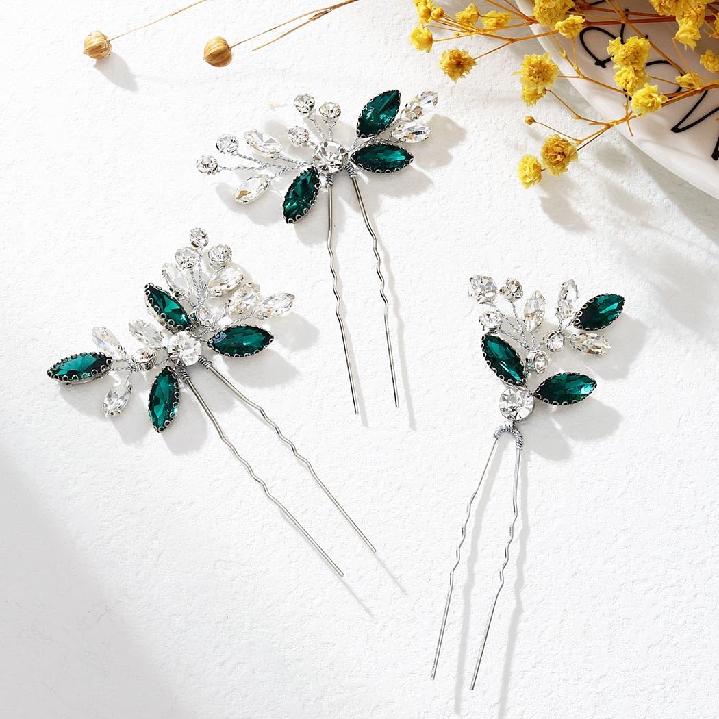 3 Pack Green Bride Wedding Crystal Hair Pins Flower Bridal  display picture 2