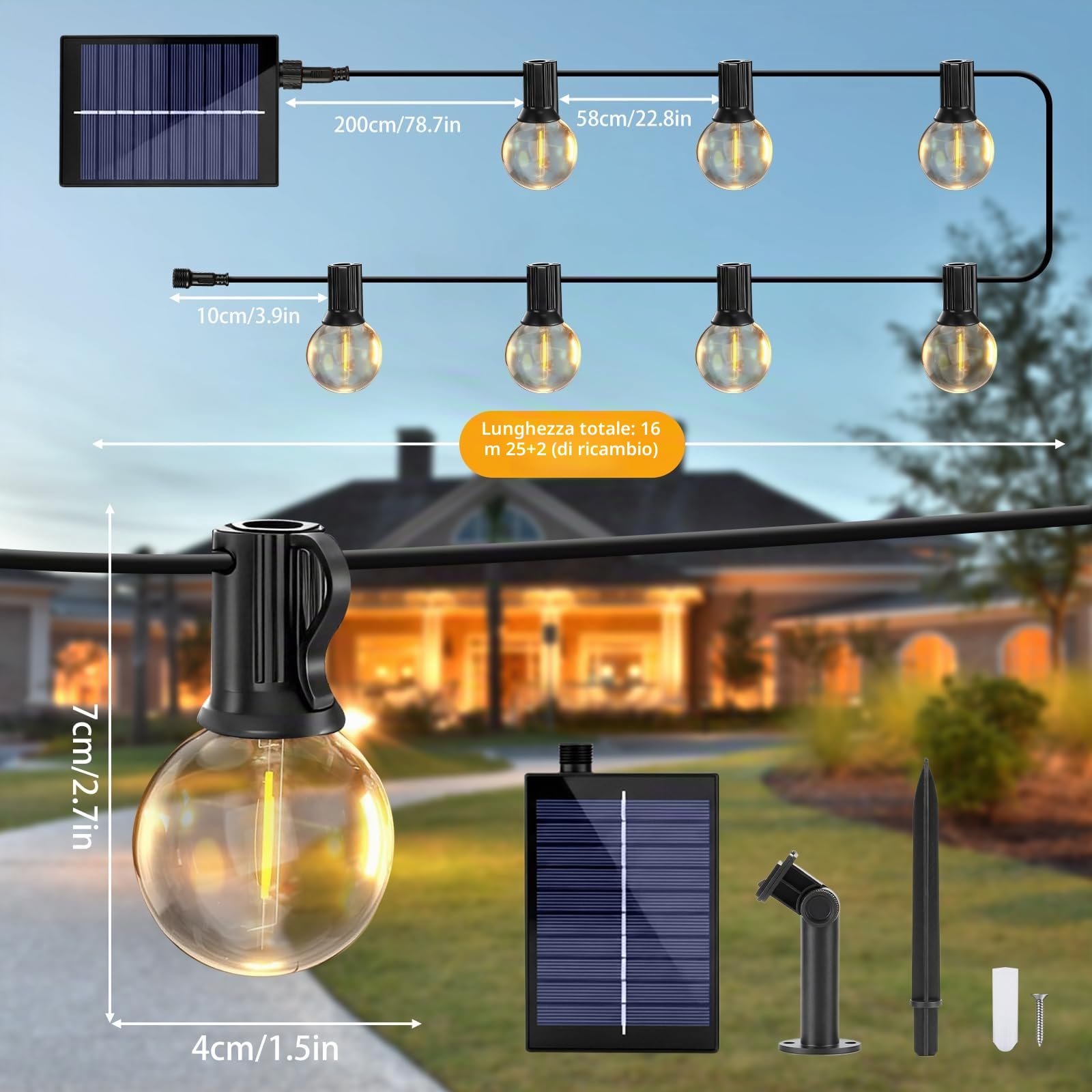 Sprifityy Catena Luminosa Esterno Solare,Catena Luci Luminosa Esterno Giardino,con Telecomando Lampadine G40 Dimmerabile,IP44 per Giardini Terrazze Balconi,Luce Calda Lampadina (16m)