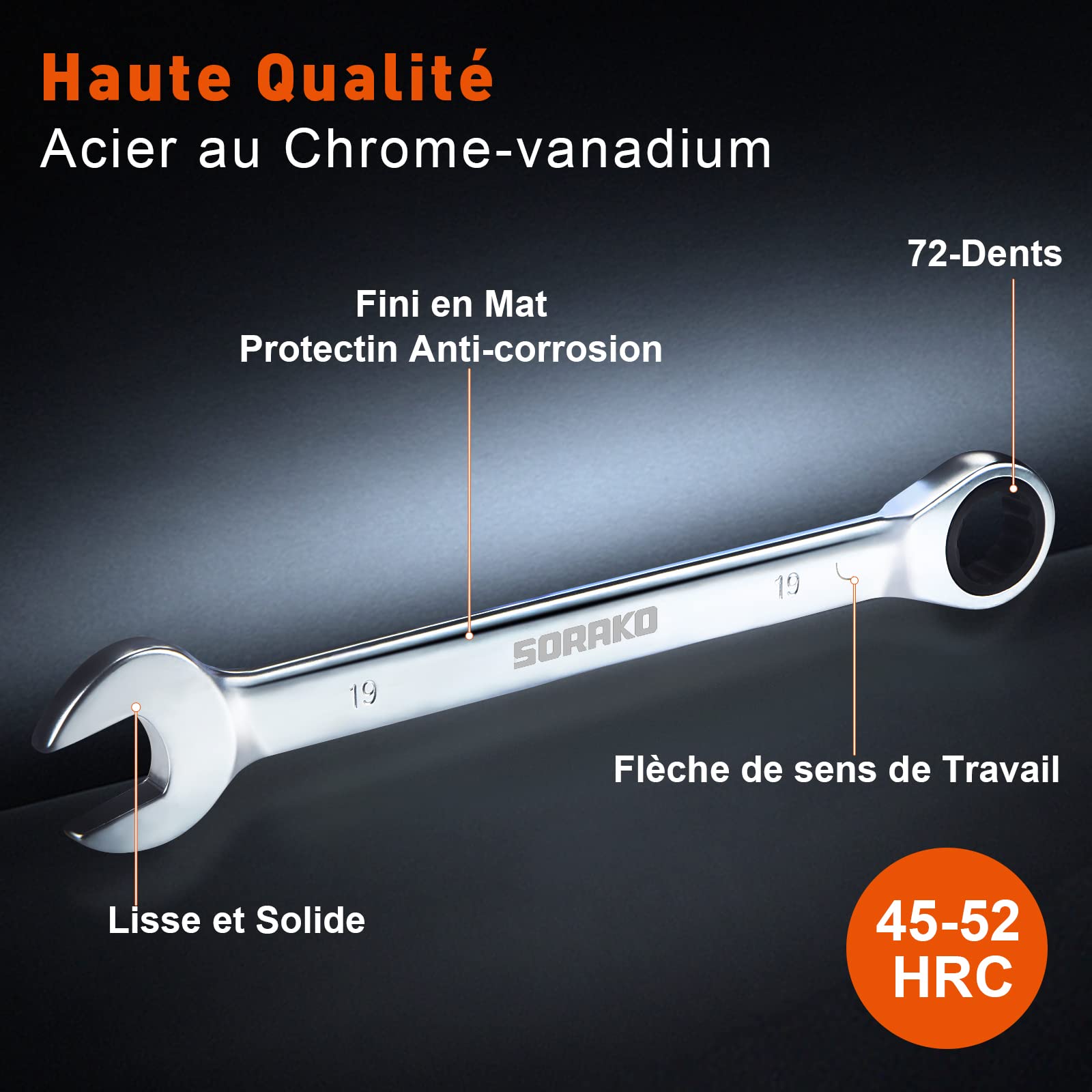 SORAKO Cle Plate a Cliquet, Clé Plate 8-19 mm Métrique, 72 Dents 5° Angle Reprise Clés Mixtes à Cliquet en Acier Chrome-vanadium avec Sac de Rangement, Cle Plate 12 Pièces pour Réparation Domestique