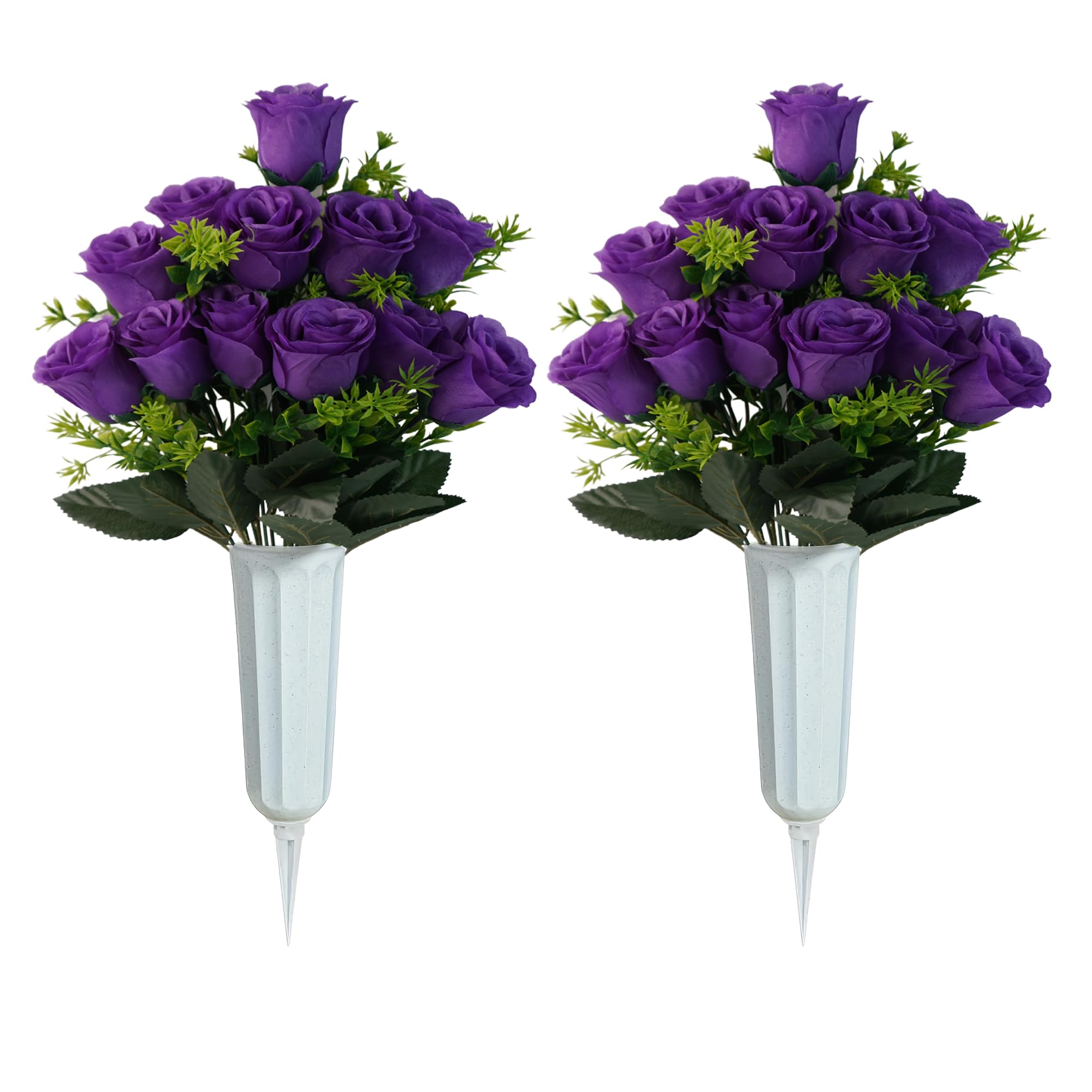 JOYWU Artificial Cemetery Flower with Vase for Headstone,2 Set Graveyard Memorial Flowers,Grave Decoration,Grave Flower Bouquets,Cemetery Headstones Decoration,Outdoor Grave Decorations (purple) — image 1