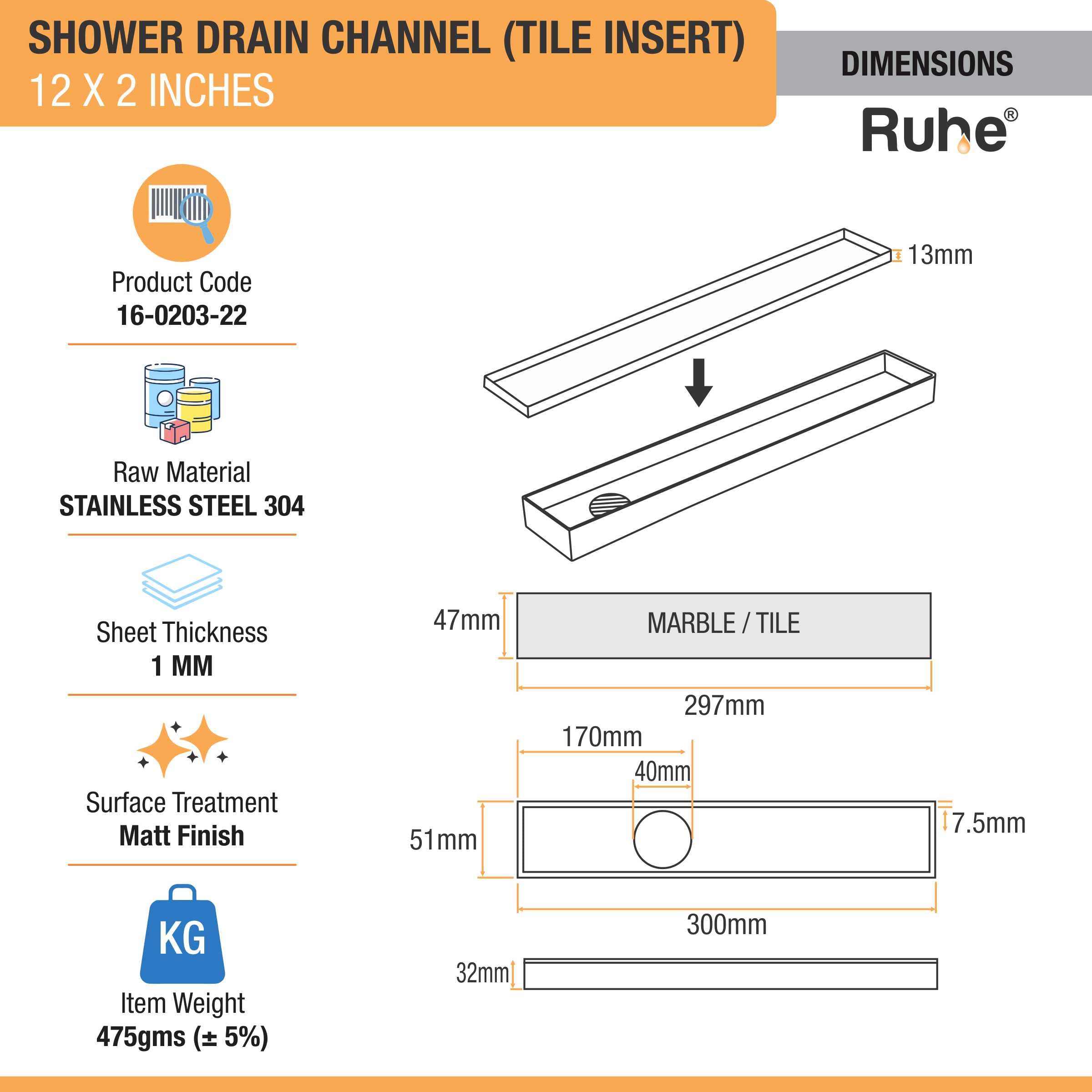 Ruhe® Tile Insert Floor Drain | 12 x 2 Inches Waste Water Floor Drain for 13mm Tile | 304 Stainless Steel Invisible Shower Drain Channel with Trap/Jali — Amazon image 2