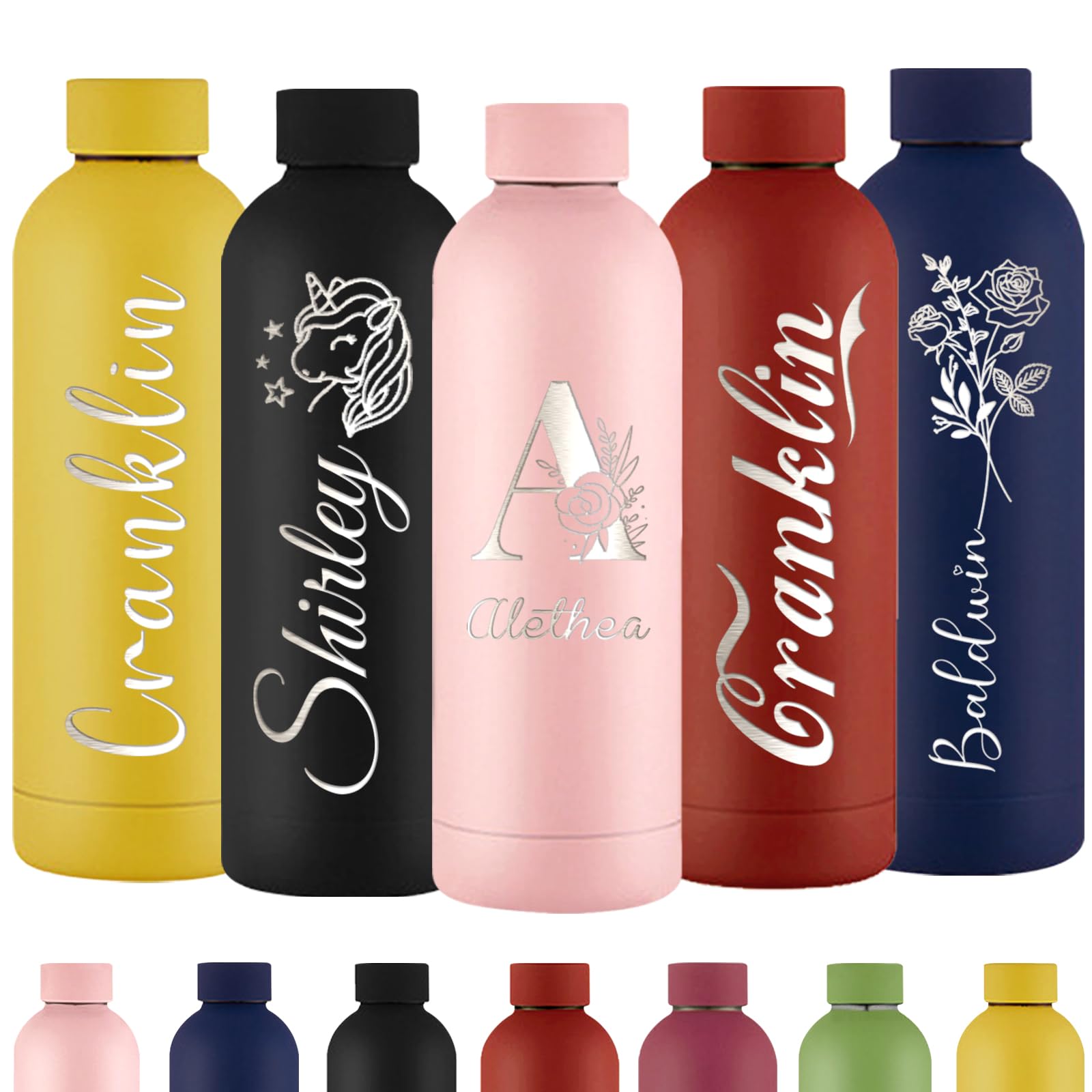 Xihedfd Personalised Water Bottles Custom Engraved Water Bottle with Name Customised Insulated Stainless Steels 500ml Water Bottle for School Office Sport