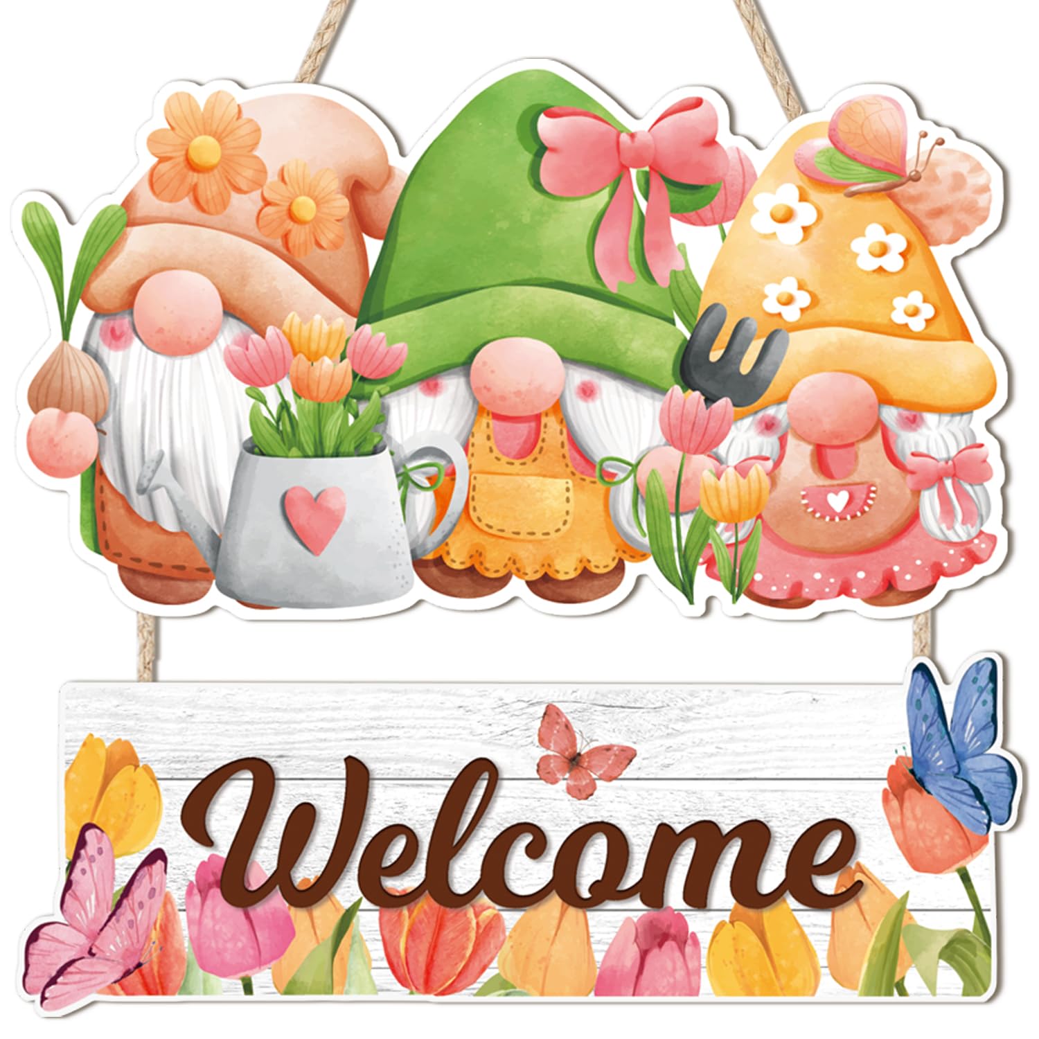 Ausril Spring Wall Decor,Gnomes Hanging Sign,Spring Welcome Sign for Front Door,Easter Wooden Decor Wall Plaque,Butterfly Flower Wreath Gnome Door