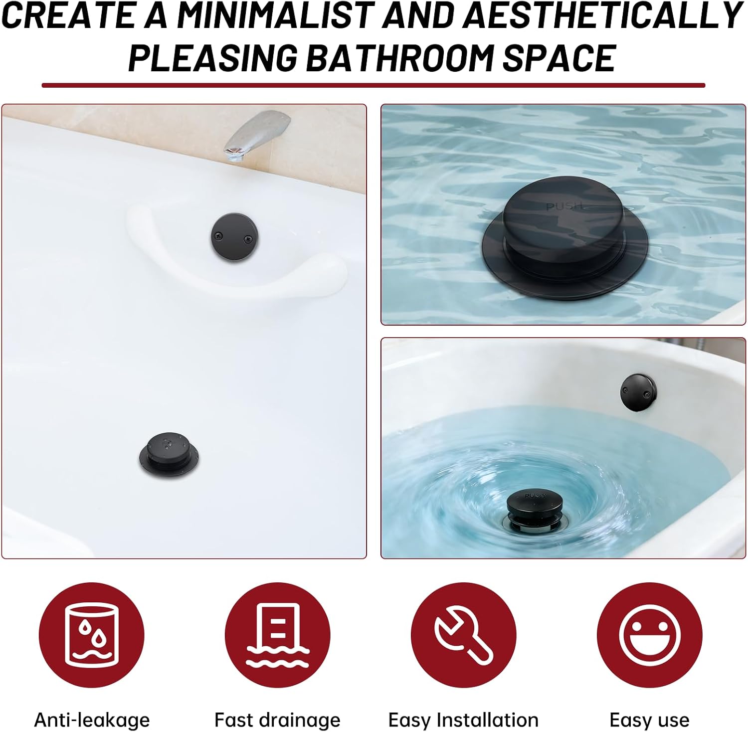 Matte Black Tub Drain Kit with Two-Hole Overflow Plate Universal Thread | Solid Brass, 1-3/8" Fine & 1-1/2" Coarse Thread, Durable Leak Resistant Design, Universal Tub Fit, Bathroom Replacement Use