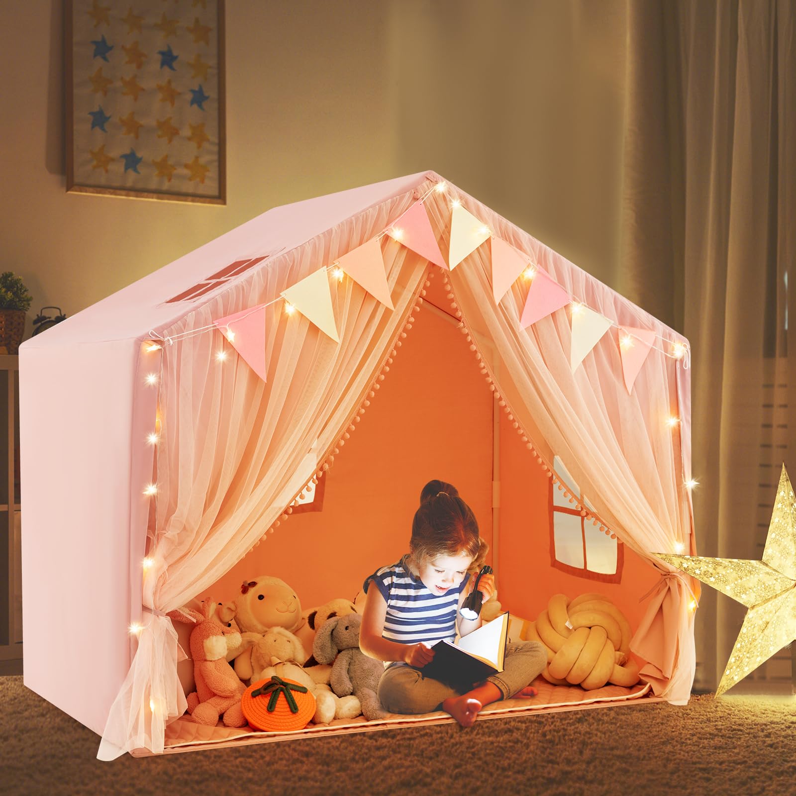 COSTWAY Tienda de Campaña Infantil, Tienda Tipi Infantil con 2 Cortinas de Tela y Malla, Luces de Estrellas, 2 Ventanas Transpirables, Almohadilla de Algodón, Casita Niños Tela para 3-4 Niños (Rosa)