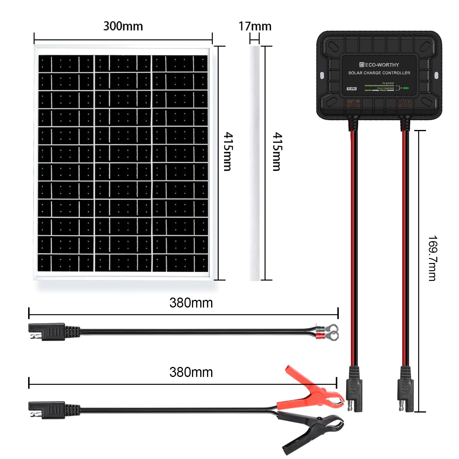 ECO-WORTHY Kit de panel solar de 25 W y 12 V, cargador de batería, panel solar impermeable + soporte de montaje ajustable + controlador de carga mejorado para baterías de 12 V para coches, RV, barco