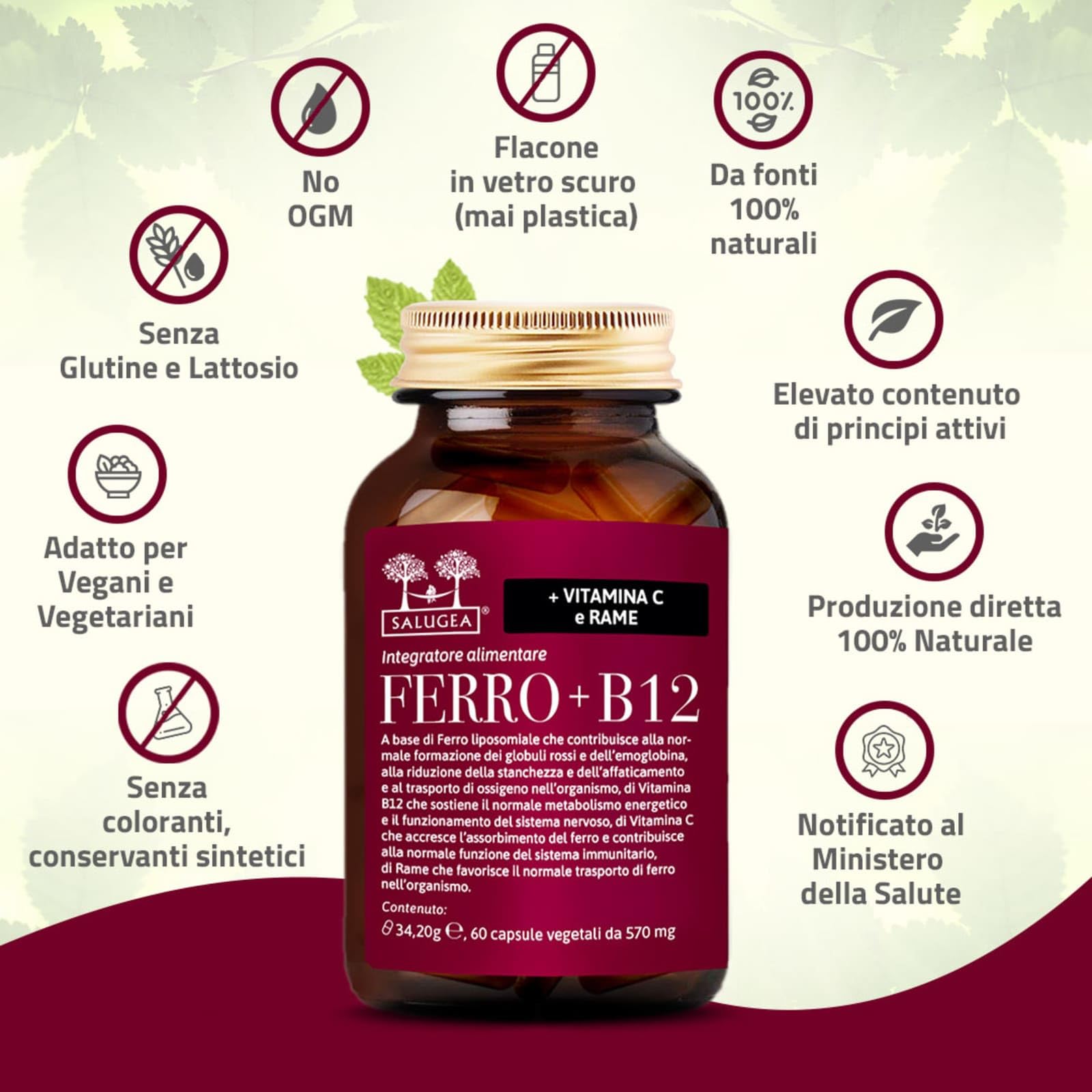 Salugea FERRO + B12 Salugea - Integratore 100% Naturale - Con Ferro liposomiale, Vitamina B12, Rosa Canina (Vitamina C) e Rame - 60 Capsule Vegetali in Flacone in vetro scuro farmaceutico