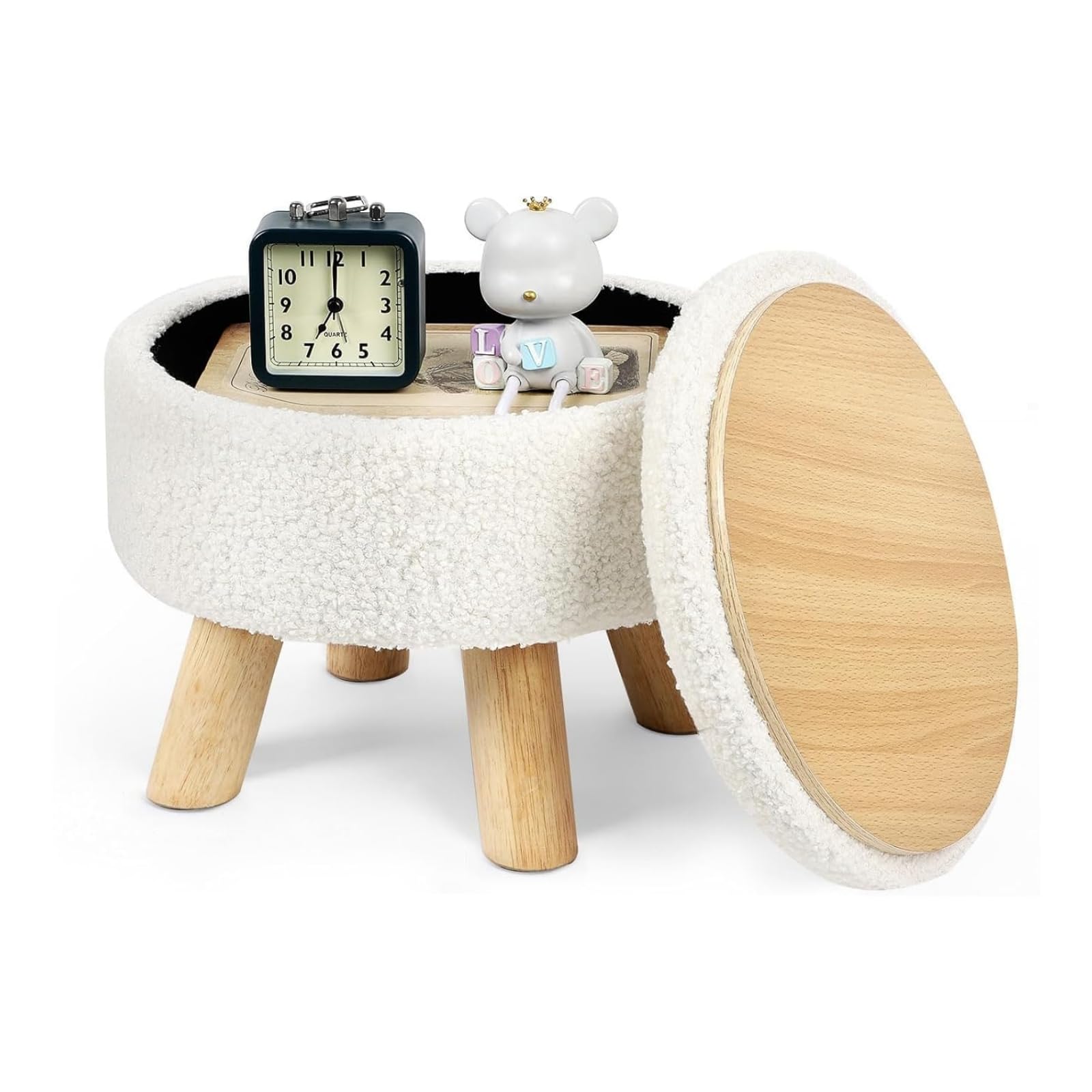 LIANTRAL Runder Sitzhocker, Teddy Samt Fußhocker mit Stauraum, Deckel abnehmbar, Holzstütze, Moderne Polsterhocker, Schminkhocker für Wohnzimmer, Schlafzimmer, 31,7 x 31,7 x 28 cm, Cremeweiß