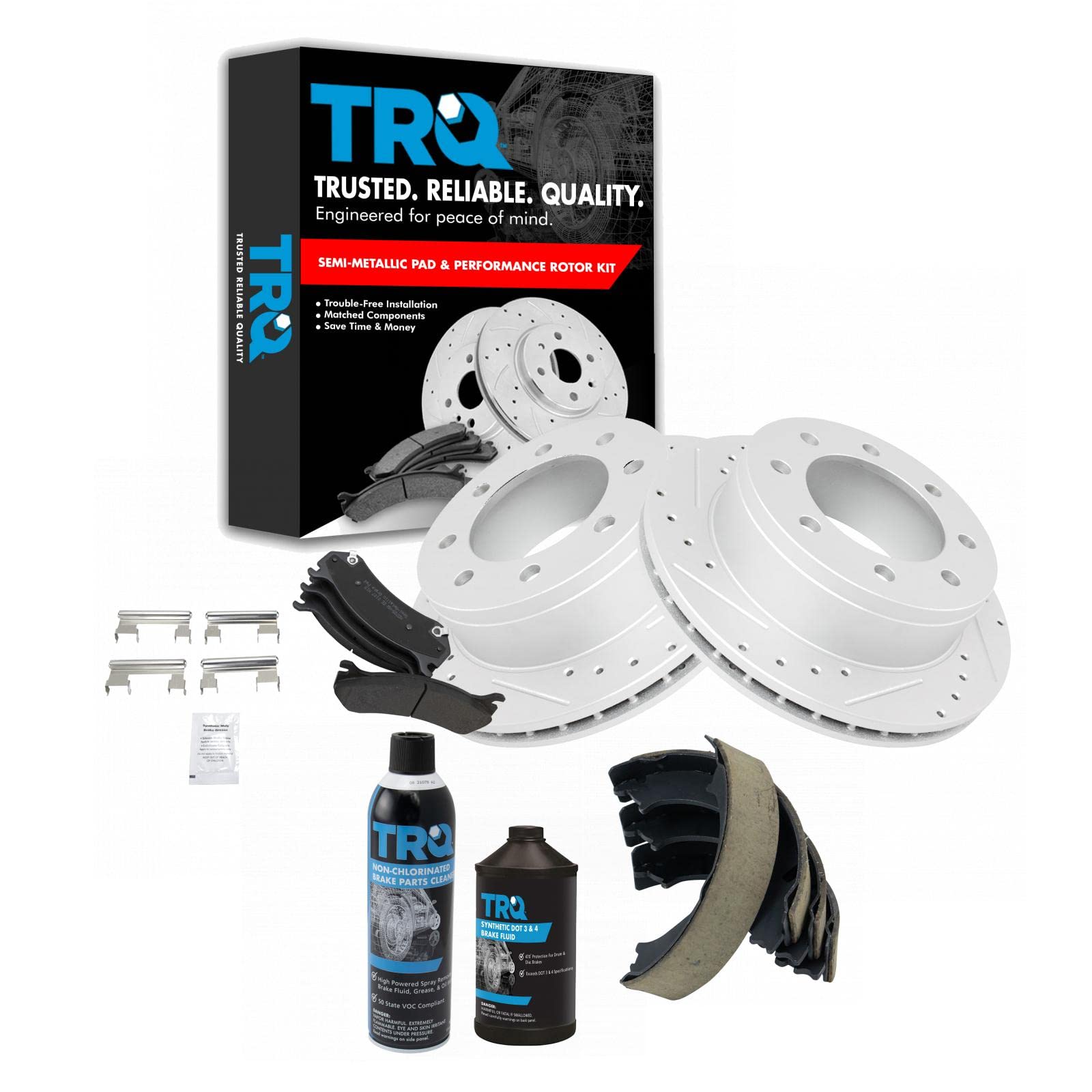 TRQ Performance Rear Brake Pad &amp; Rotor Kit Semi-Metallic Premium G-Coated Slotted X Drilled Compatible with 99-10 Chevrolet 99-09 GMC