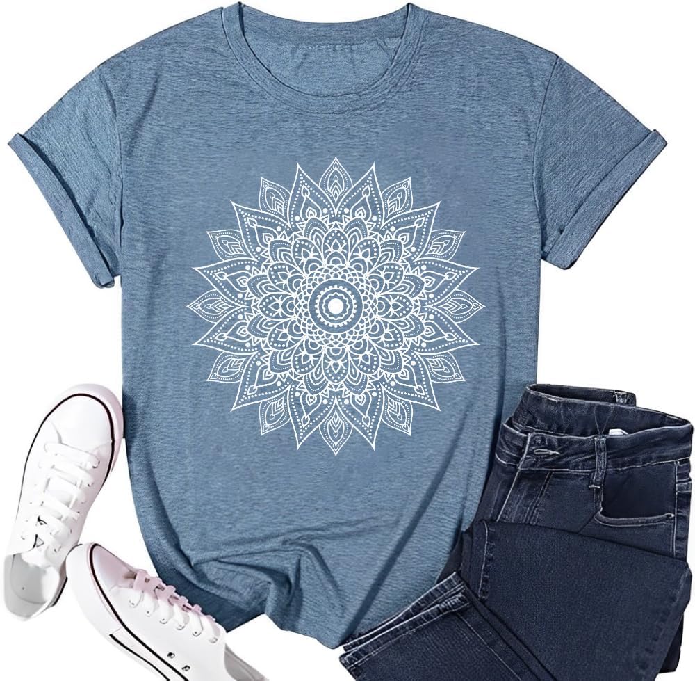 Vintage Boho Graphic Tees for Women Summer Round Neck Nature Cottagecore Tee Tops