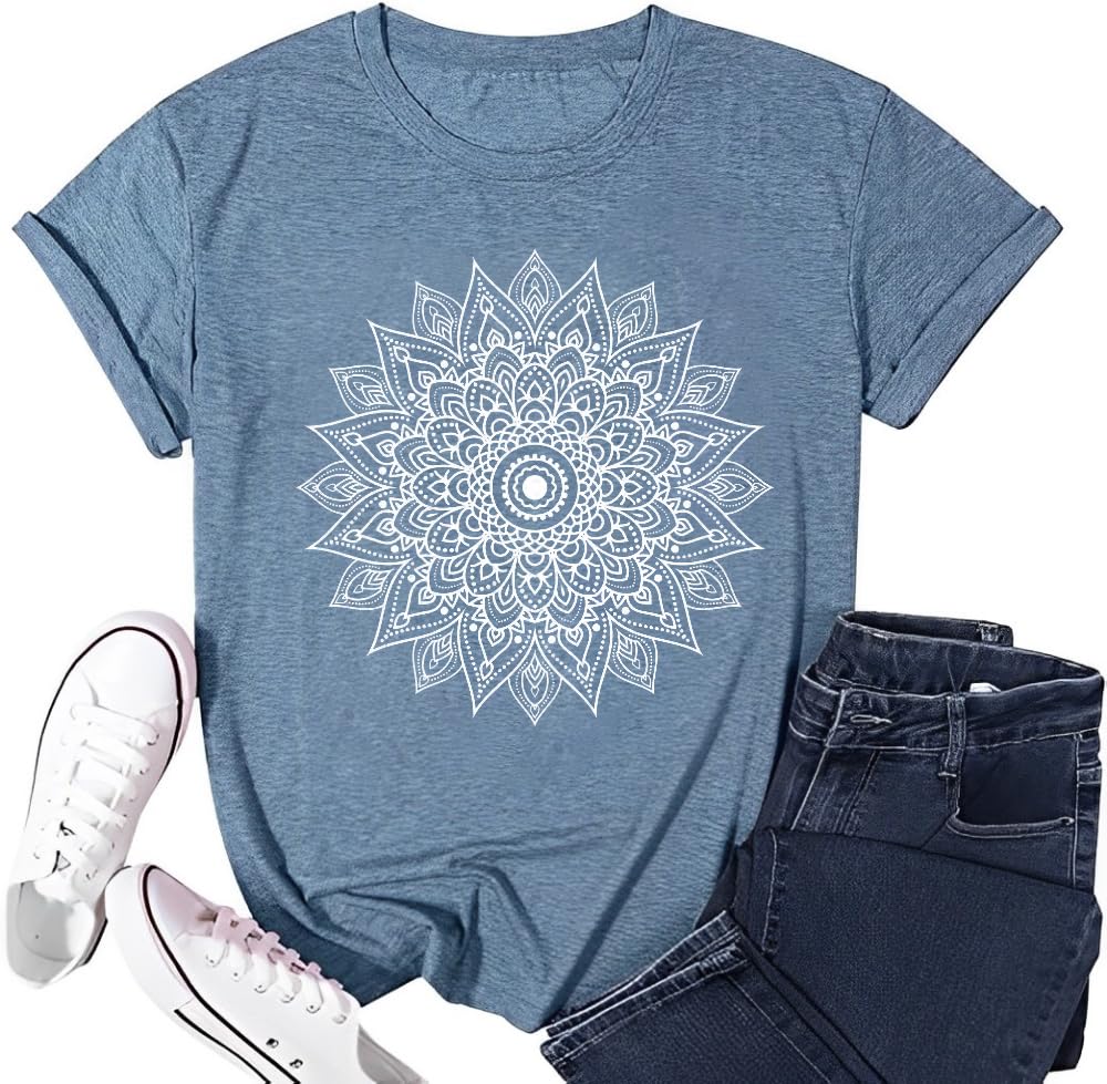 DapiaoliangLotus Flower Shirts for Women Vintage Mandala Graphic Print Boho T Shirt Summer Casual Short Sleeve Yoga Meditation Tee Tops