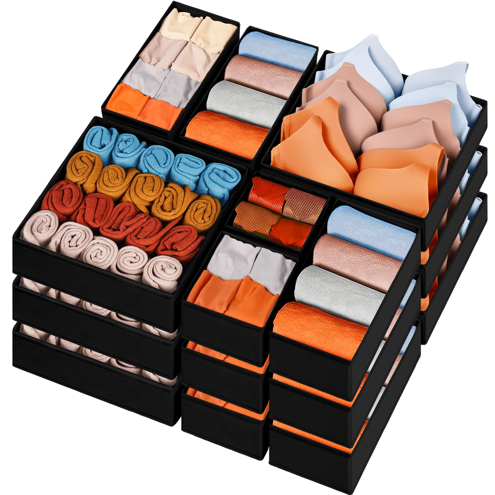 Criusia Closet Drawer Organizer Clothes, 15 Pack Dresser Organizer for Baby Clothes, Fabric Drawer Dividers for Nursery Bedroom (Black)