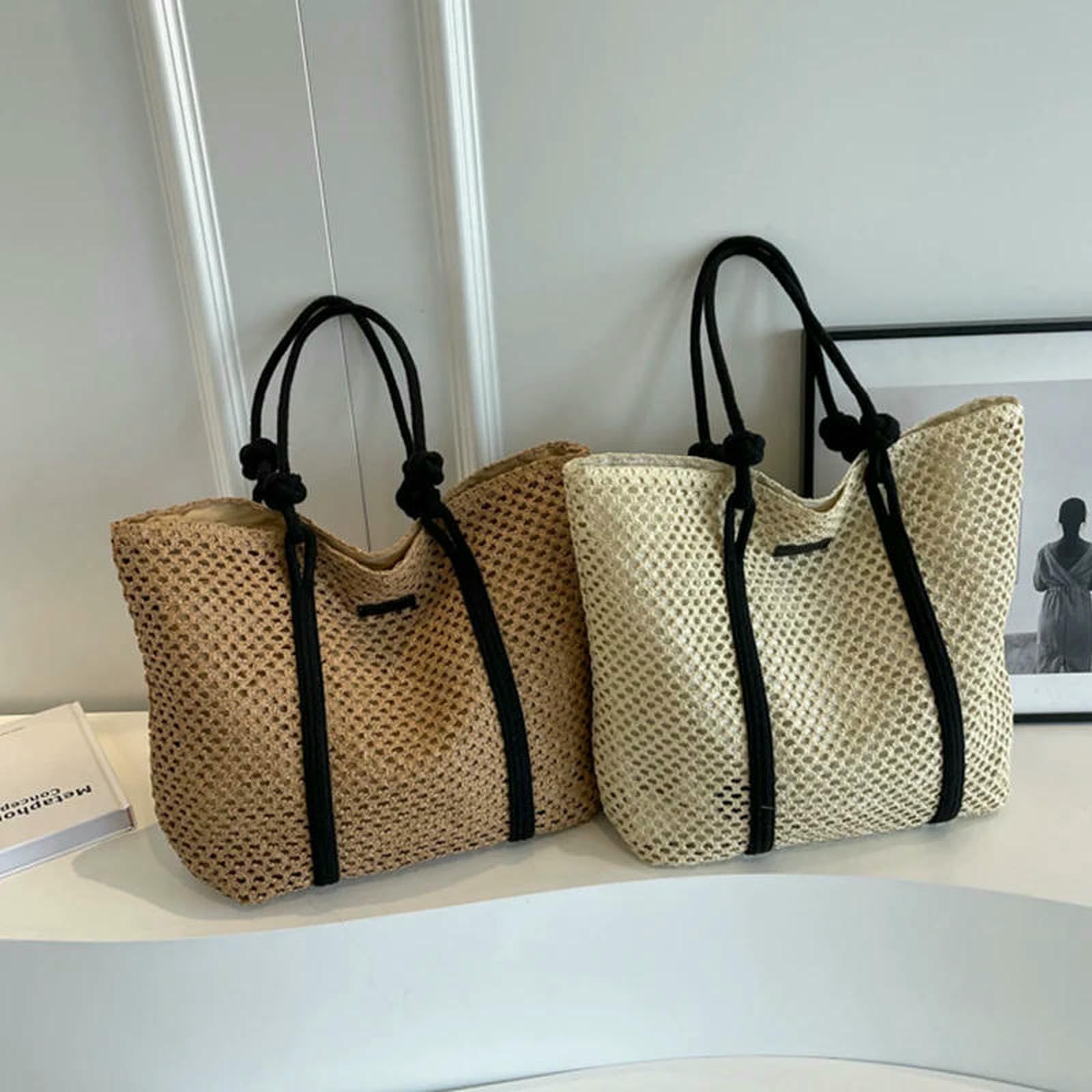 Borse di Paglia Borsa da Donna Elegante in Intrecciata Spiaggia per Le Vacanze Shopper Casual con Manico Superiore A Tracolla sotto Ascelle alla Moda-beige-37x14x34 Cm