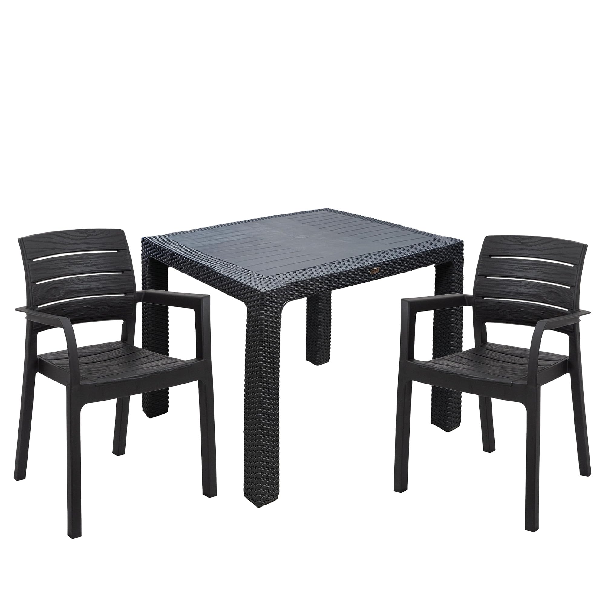 Sicignano | Set Sedie e Tavolo 90x90cm Completo Antracite, Resistente UV, per Esterni e Interni, Adatto a Bar Ristoranti Pizzerie Spazi Commerciali (1, 2 Sedie 1 Tavolo)