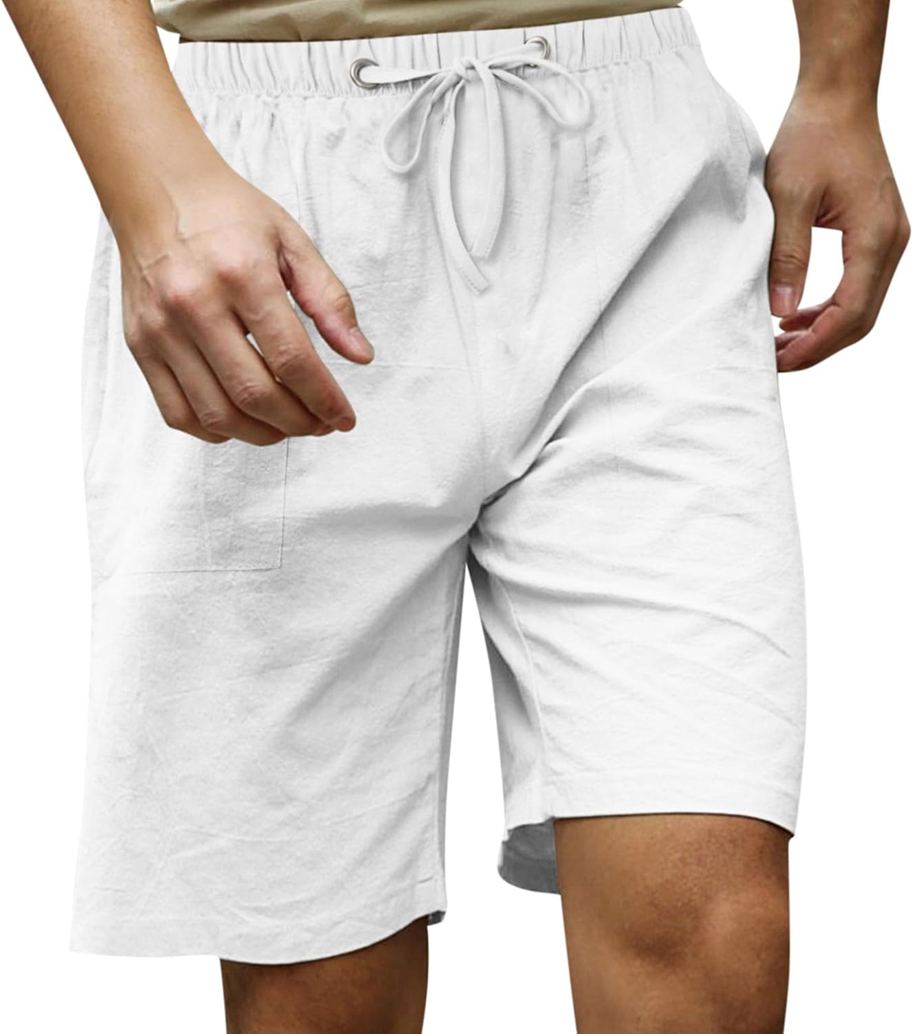 DGHM-JLMY Men's Straight Cotton Linen Beach Casual Short Drawstring Summer Stretch Shorts Elastic Waist Comfort Jogger Shorts