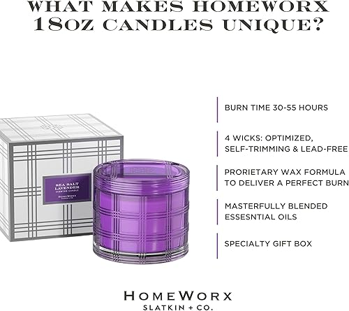 Miniatura 4 de HomeWorx by Slatkin + Co. Vela de lujo de 4 mechas de sal marina y lavanda con caja de regalo, tiempo de combustión de 30 a 55 horas