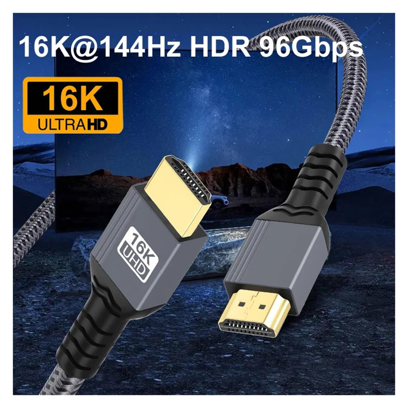 Cavo HDMI 2.2 16K A 144 Hz (8K A 60 Hz, 96 Gbps, QFT, HDR, EARC, Intrecciato, Placcato Oro, 0,5 M/1 M/2 M) Funziona Con HDTV/Laptop/PS5/Giochi(2m)