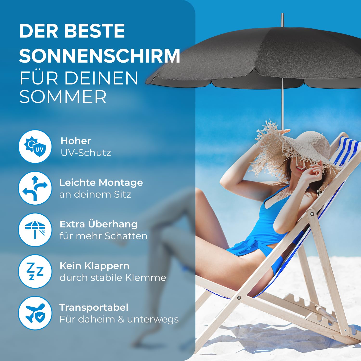 STYNGARD Stuhl Sonnenschirm für Liegestuhl mit UV Schutz 50+ / 120 cm Kuppelmaß mit Überhang - Klemmschirm Campingstuhl - Schirm für Stuhl mit Universal-Klemme Modell SAN FRANCISCO