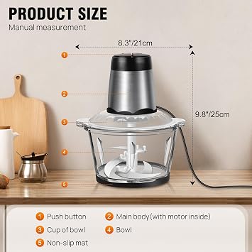 Electric Food Chopper,300W Food Processor Meat Grinder with 2L Glass Bowl,Vegetable Cutter with 4 bi-Level Blades, for Meat, Smoothie, Onions, Fruit, Vegetables
