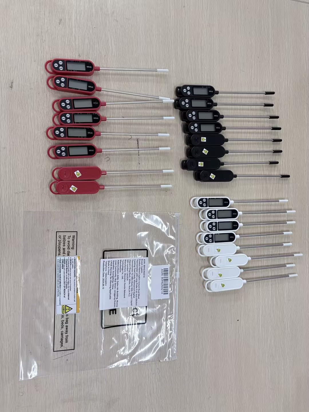 Copkim Lot de 24 thermomètres à viande à lecture instantanée avec longue sonde de 24 cm - Étanche - Pour barbecue, eau, lait, yaourt liquide (anneau carré, noir, blanc, rouge)