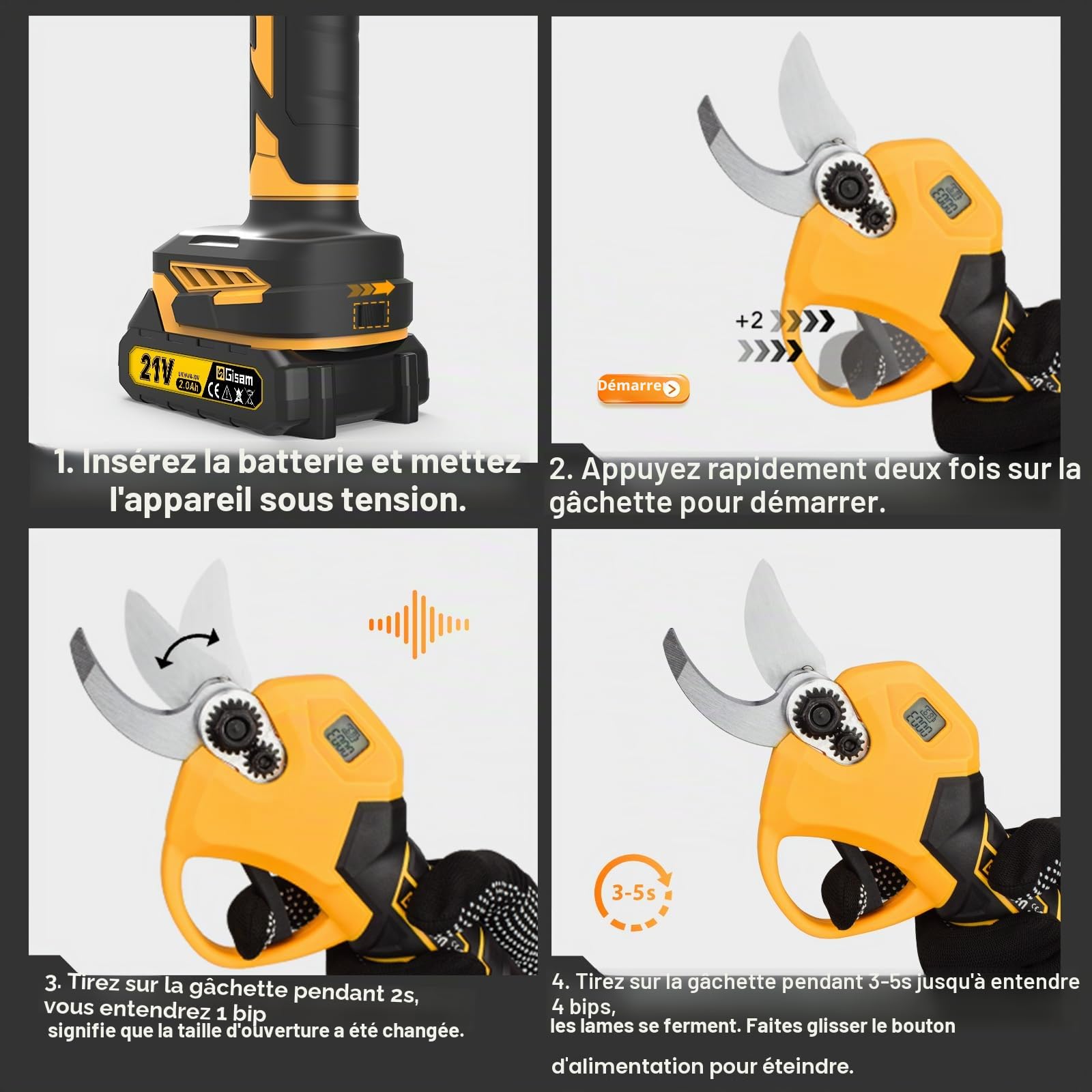 Secateur Electrique Professionnel, Gisam 60MM Secateur Electrique Sans Fil Elagueuse Electrique avec Batteries Rechargeables & LED Écran, Soutient le Réglage de L'ouverture (1-Avec 2 x 2Ah Batterie)
